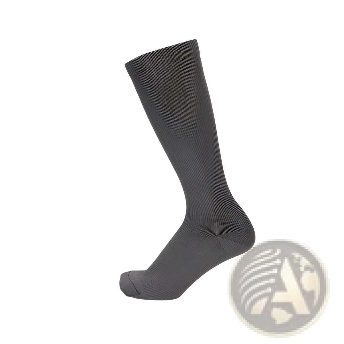 Dark gray ribbed knit athletic compression knee high sock with seamless design for enhanced support and comfort