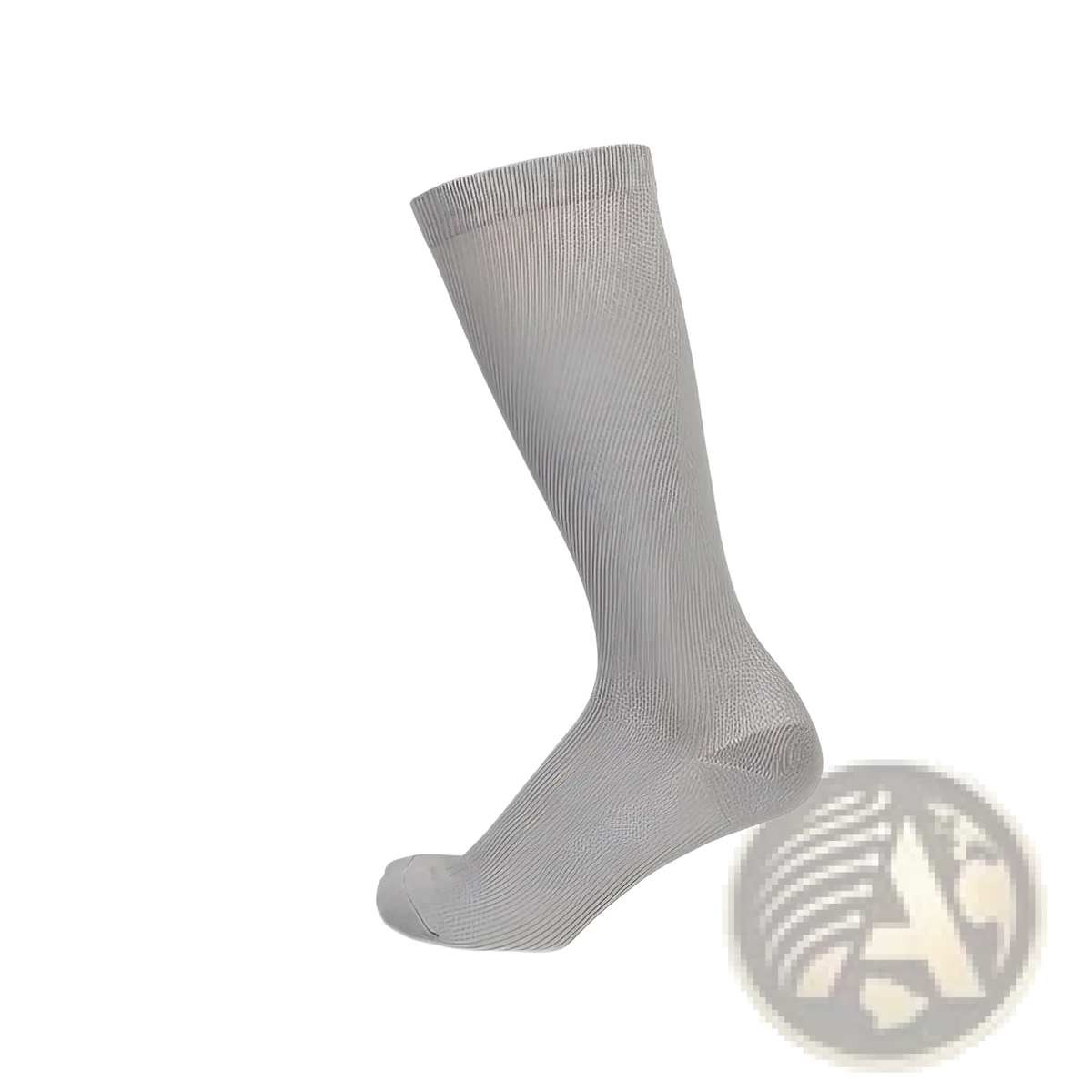 Athletic compression knee high sock in light gray ribbed knit with smooth toe and heel for men