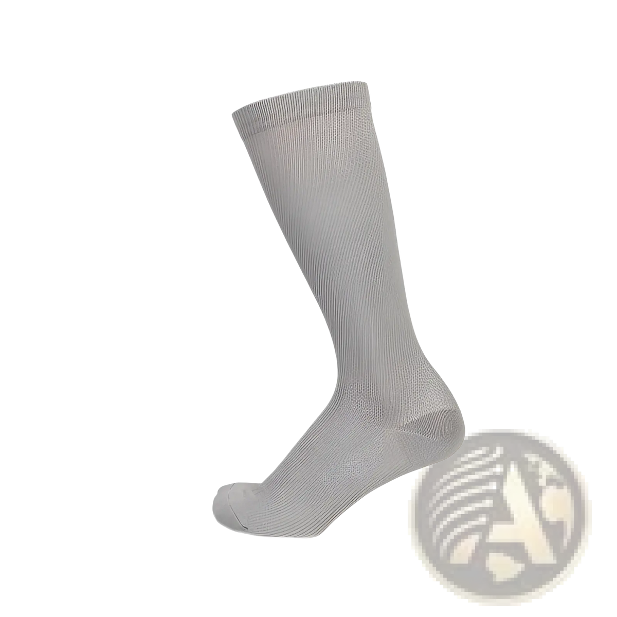 Athletic compression knee high socks in light gray ribbed knit with smooth texture and reinforced toe for support