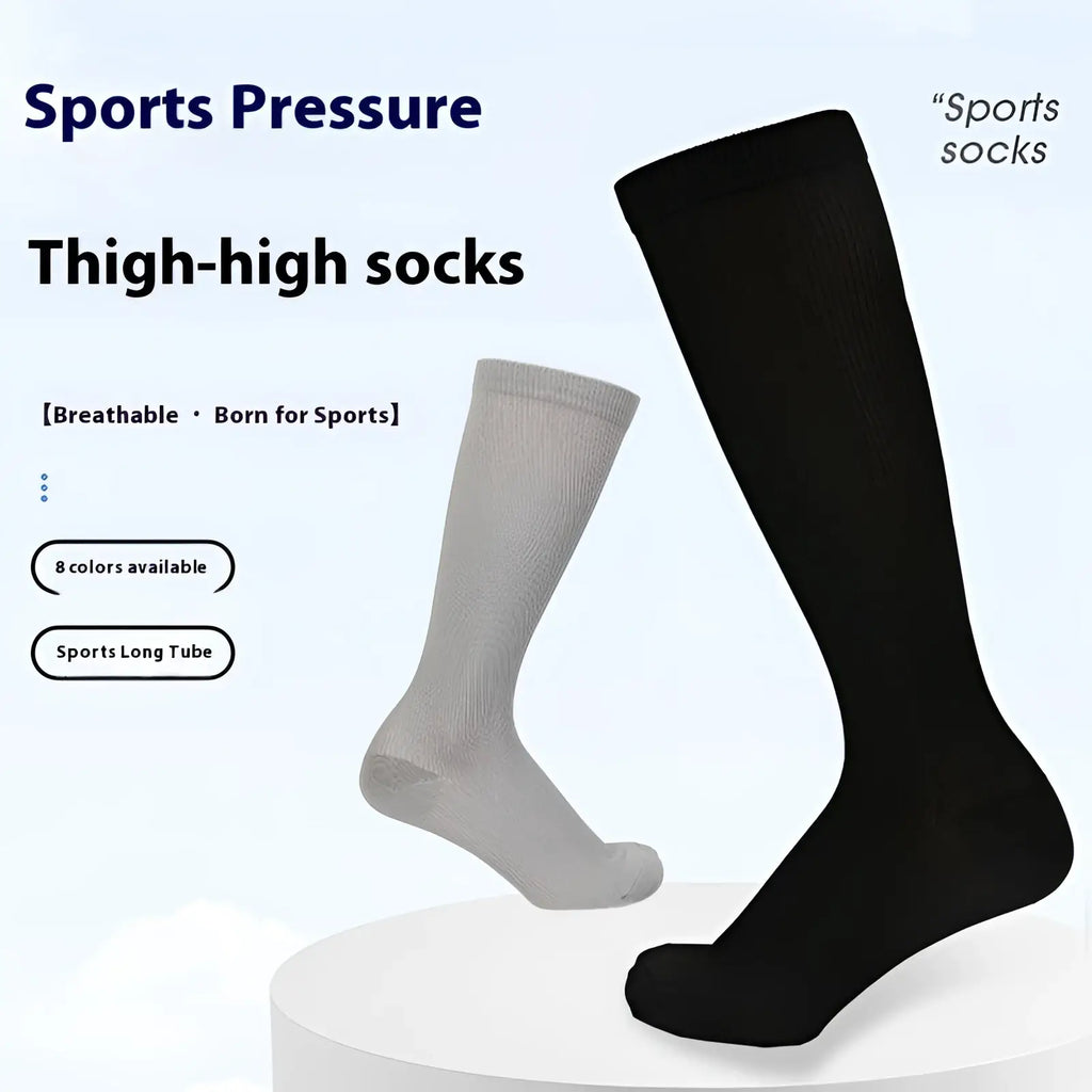 Athletic compression knee high socks in black and gray with ribbed texture designed for athletic performance