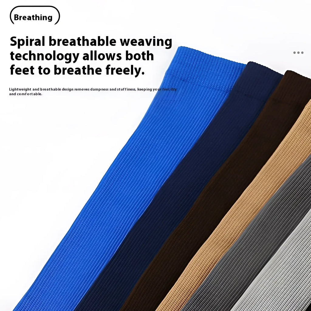 Athletic compression knee high socks in blue navy brown tan and gray with spiral breathable weaving design