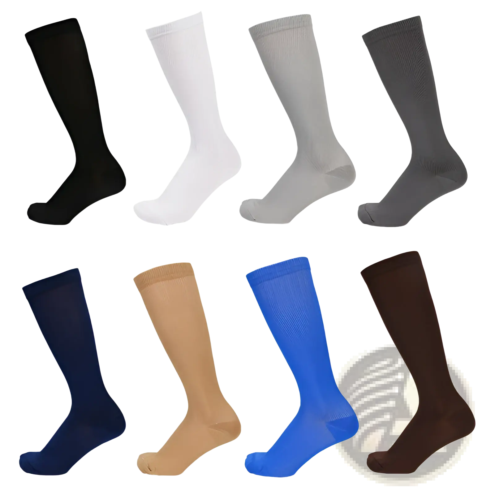 Eight pairs of athletic compression knee high socks in black white gray navy blue beige bright blue and brown colors