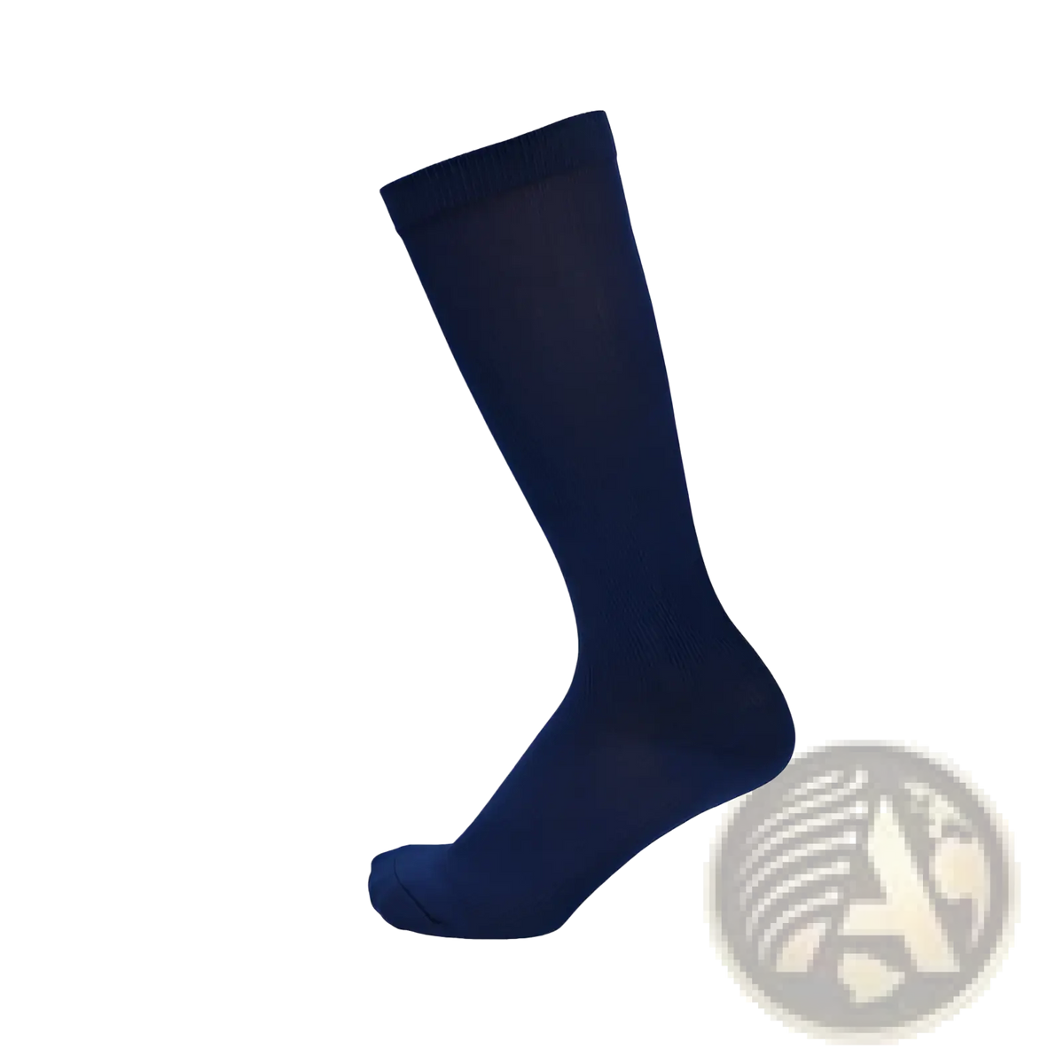 A navy blue athletic compression knee high sock with ribbed cuff and seamless knit fabric for enhanced support