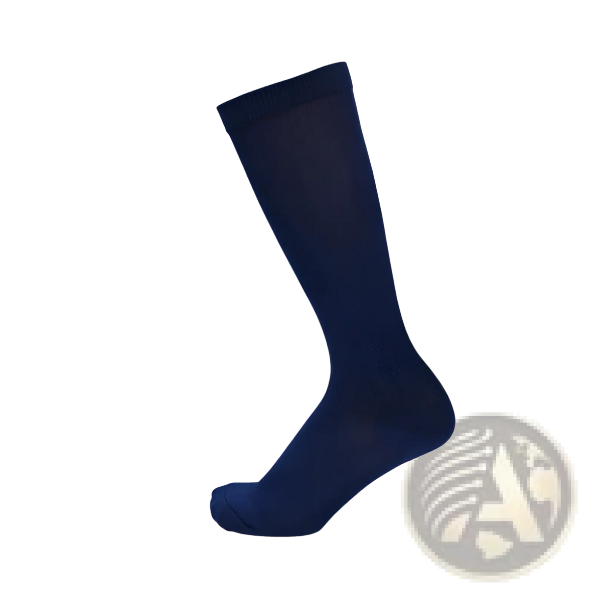 Navy blue athletic compression knee high socks made of breathable fabric for enhanced performance and support