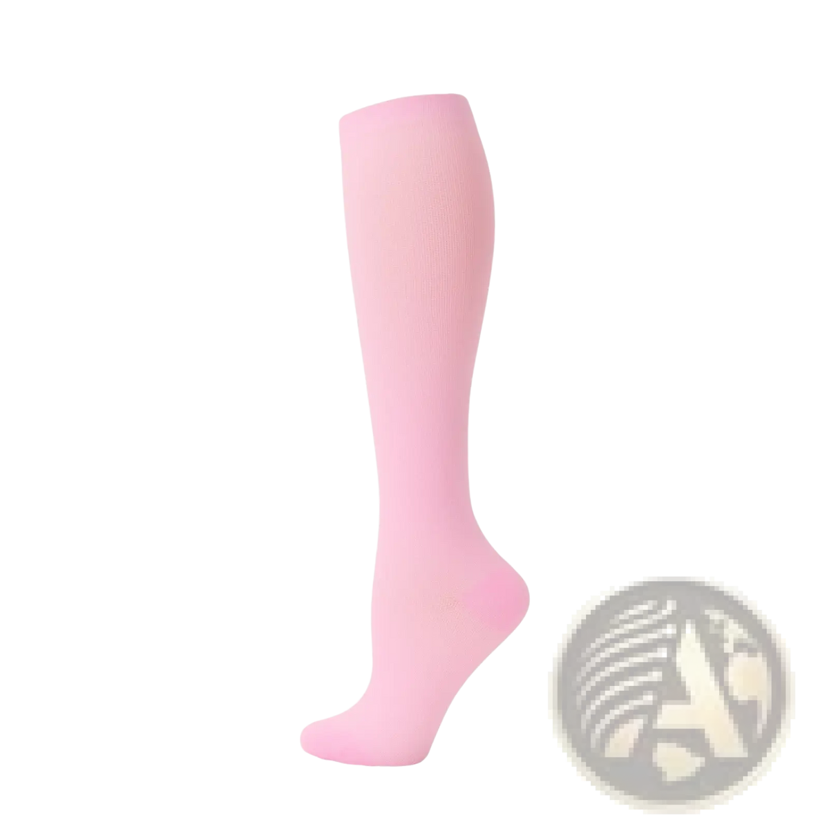 A soft pink ribbed-knit athletic compression knee high sock with a smooth finish for enhanced support
