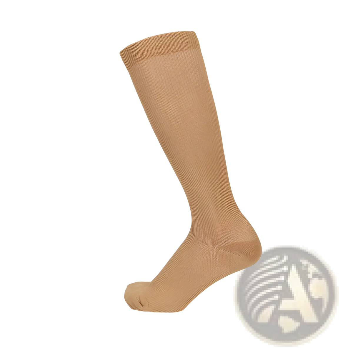 Athletic compression knee high sock in tan ribbed material with a snug seamless fit for enhanced support