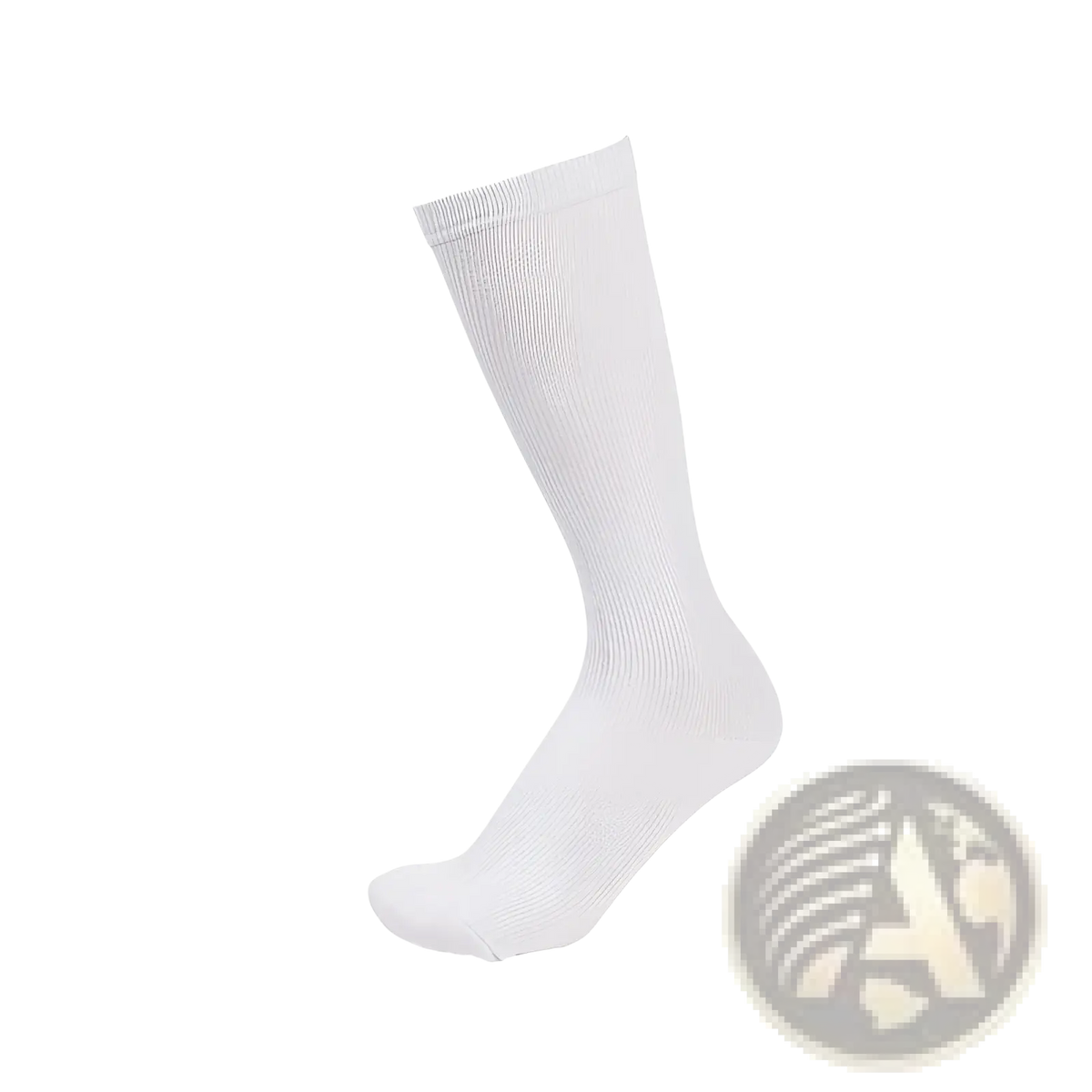 White athletic compression knee high sock made of ribbed knit with a smooth seamless finish