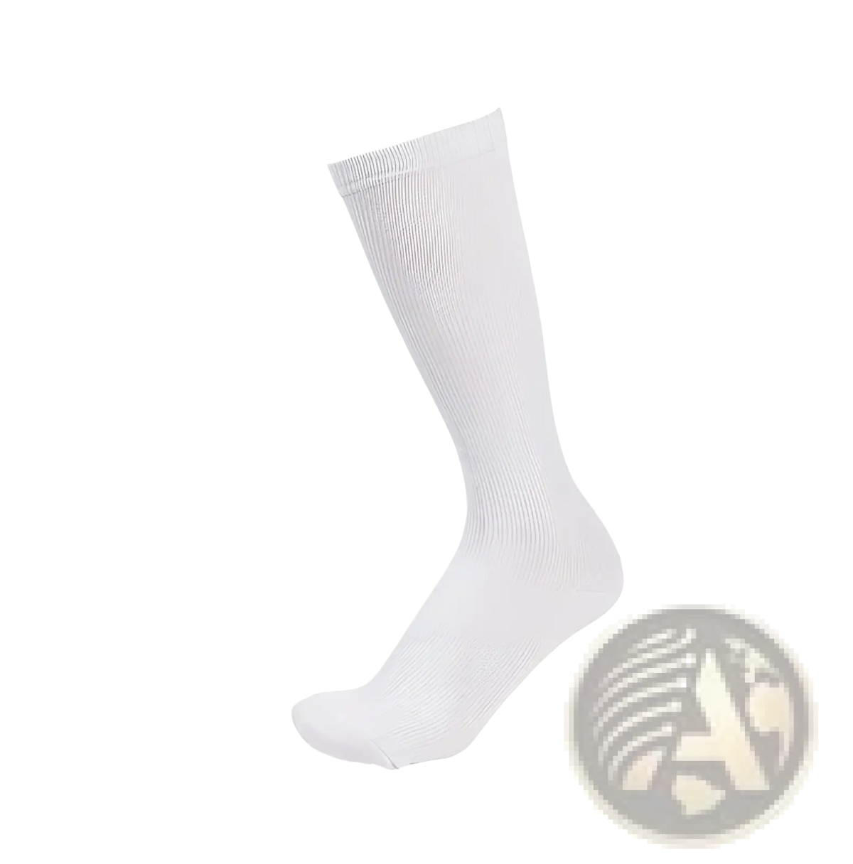Athletic compression knee high socks made of white ribbed knit material for enhanced support and comfort