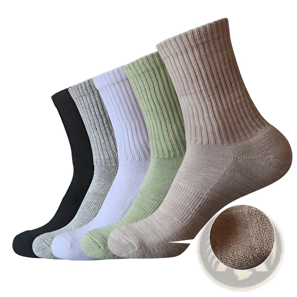 Set of five athletic cotton thickened towel ankle socks in black, heather gray, white, light green, and beige with ribbed texture