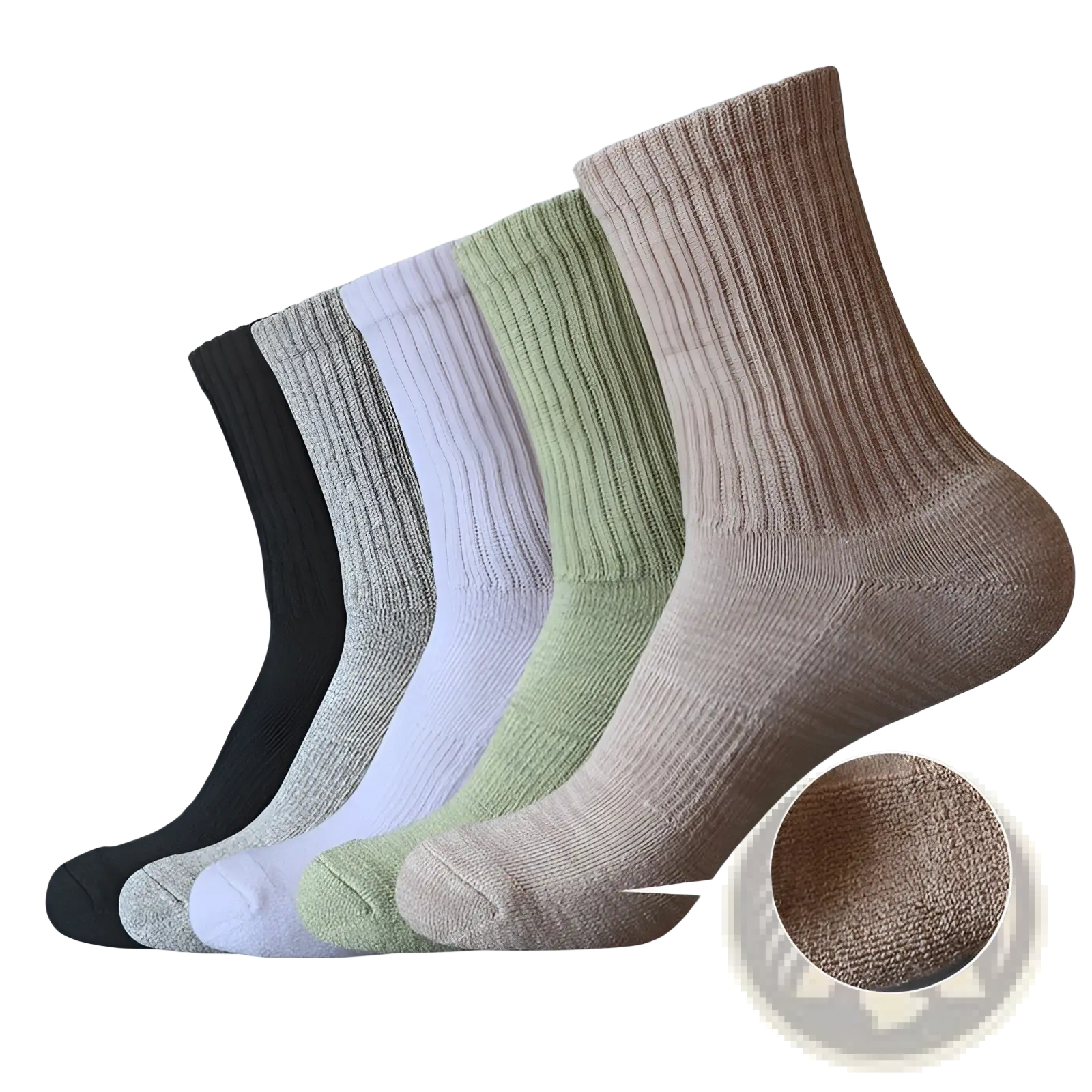 Set of five athletic cotton thickened towel ankle socks in black, heather gray, white, light green, and beige with ribbed texture
