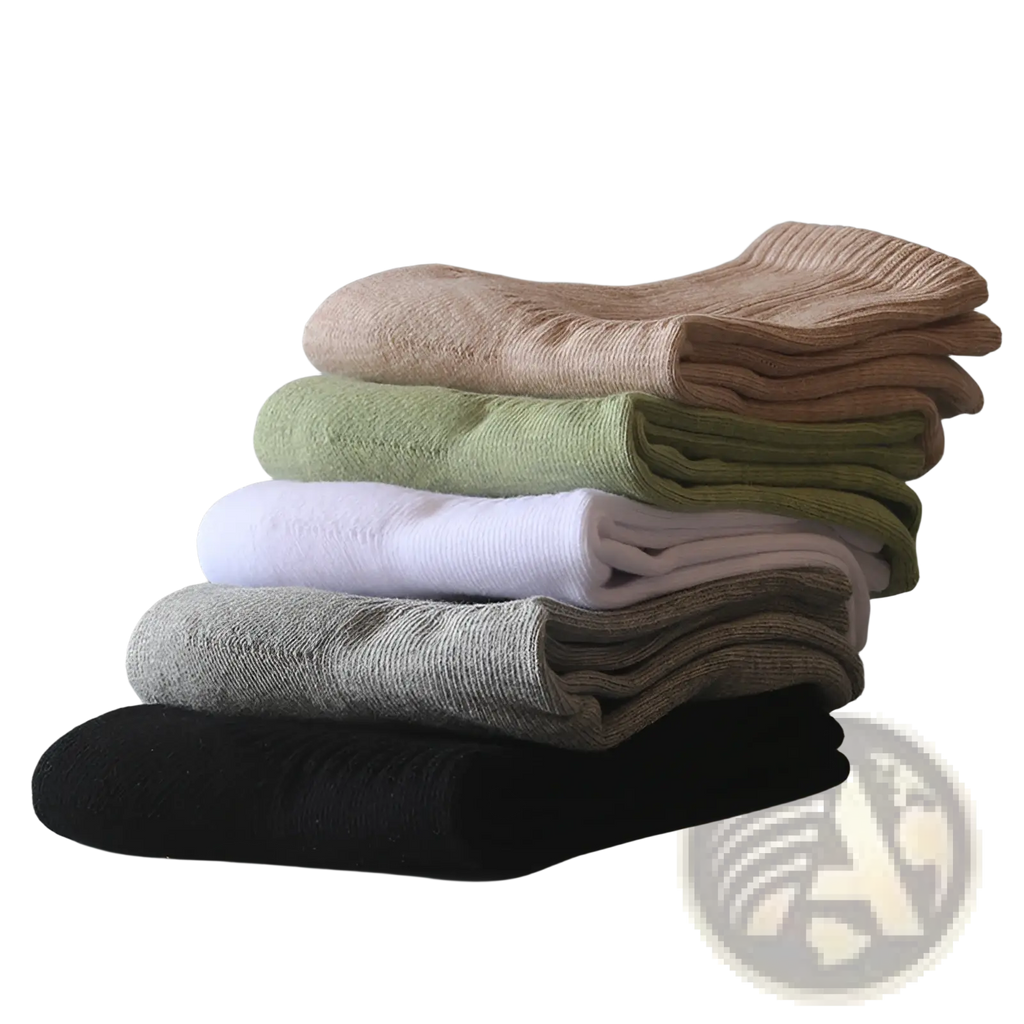 Stack of athletic cotton thickened towel ankle socks in beige olive green white gray and black with ribbed cuffs