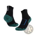 Athletic knee high sports socks in black with teal and blue accents featuring reinforced arch support and textured toe area