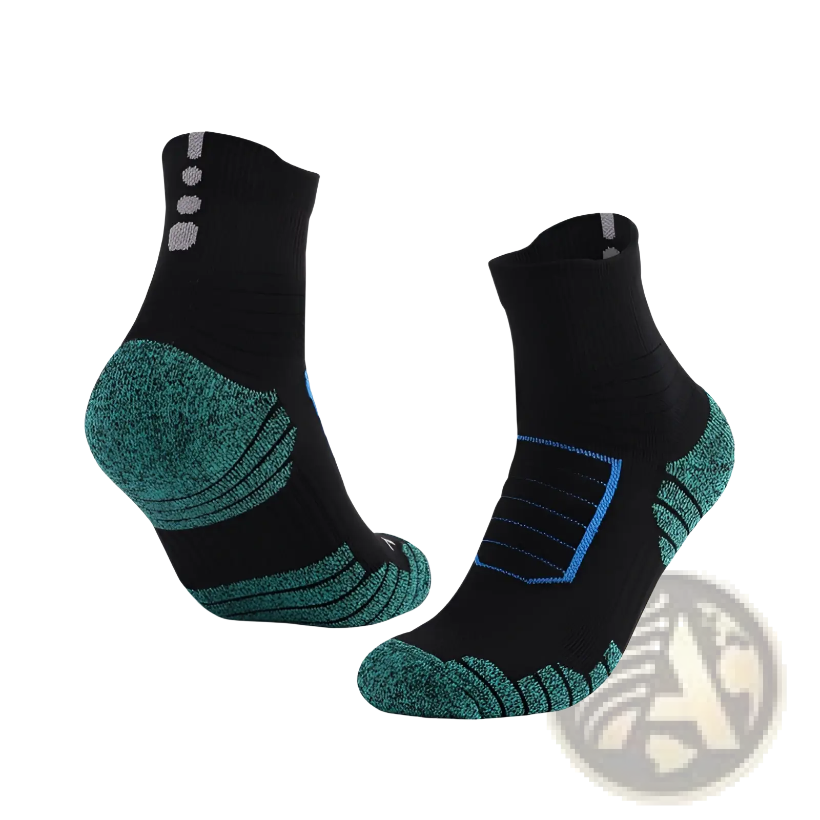 Athletic knee high sports socks in black with teal and blue accents featuring reinforced arch support and textured toe area
