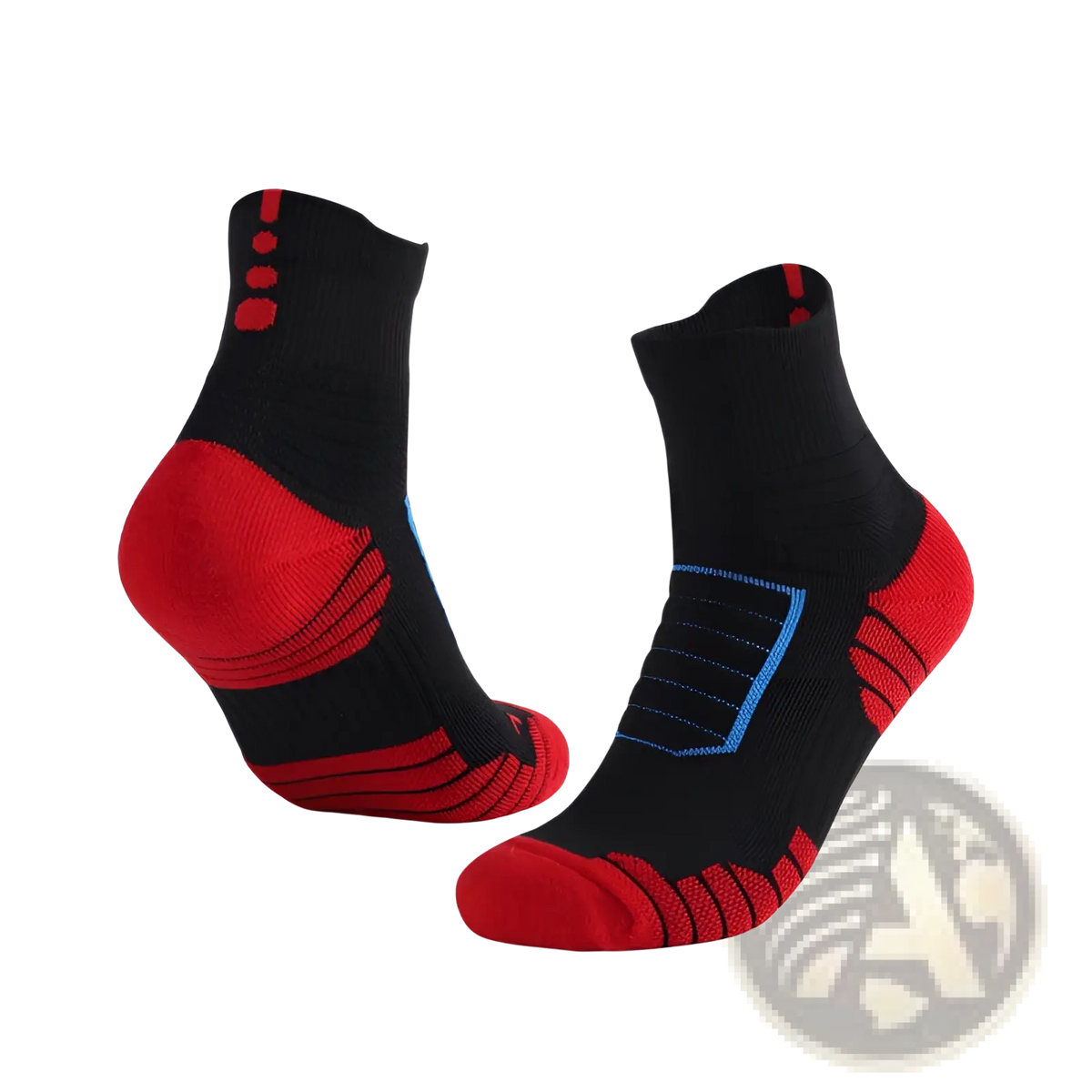 Athletic knee high sports socks in black and red with blue accents designed for comfort and performance
