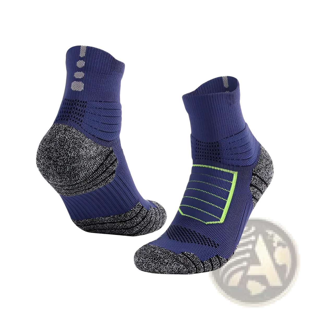 Athletic knee high sports socks in blue with gray reinforced sections and neon green accents on the foot for performance use