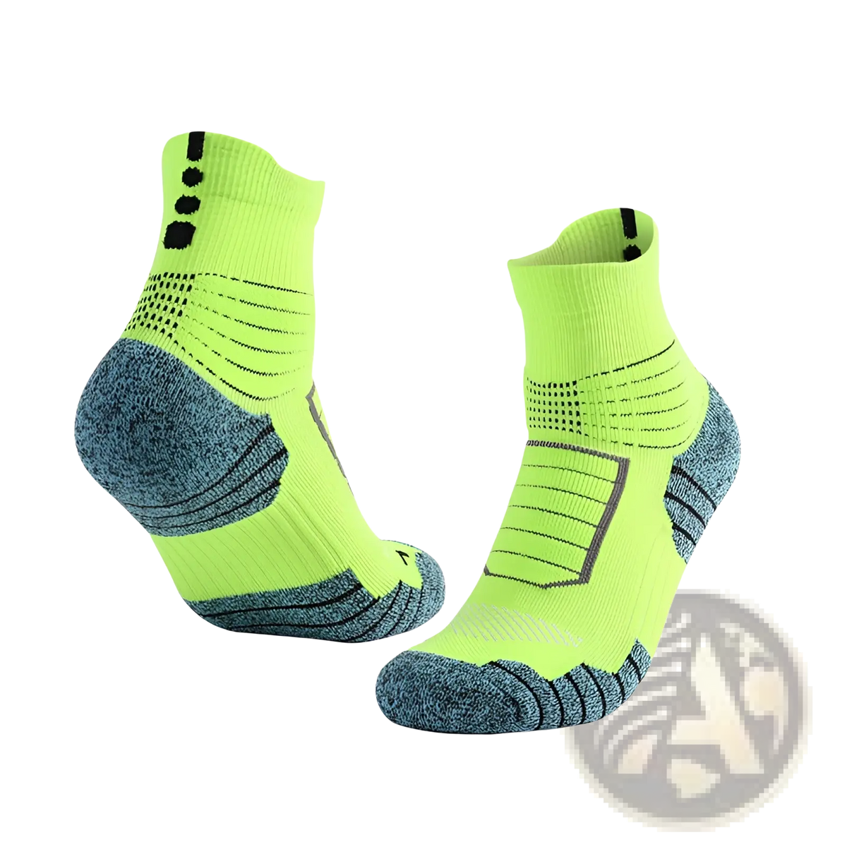 Athletic knee high sports socks in bright neon green and dark gray with reinforced stitching and textured patterns