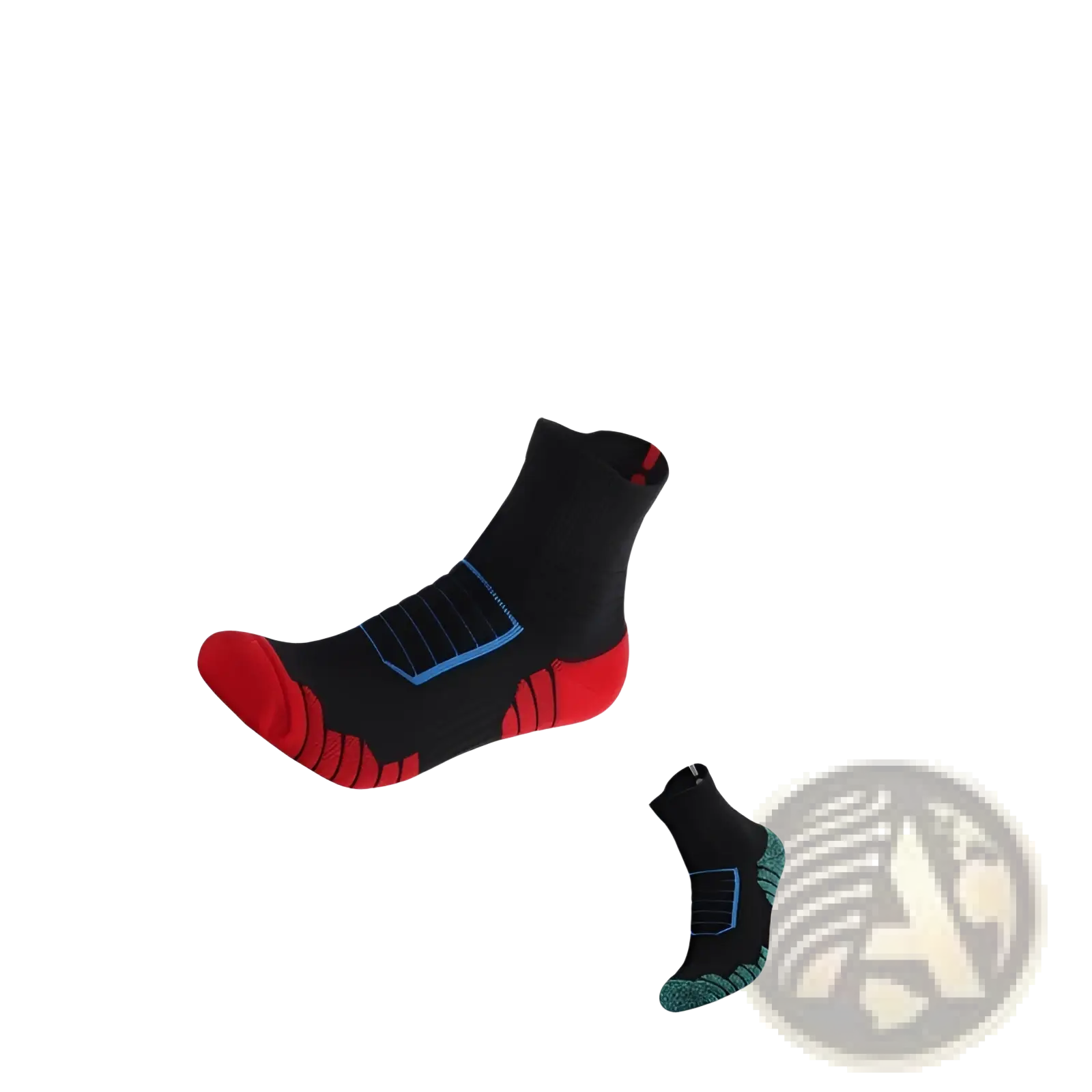 Athletic knee high sports sock in black with red and blue accents featuring 3d shock absorbing design for basketball