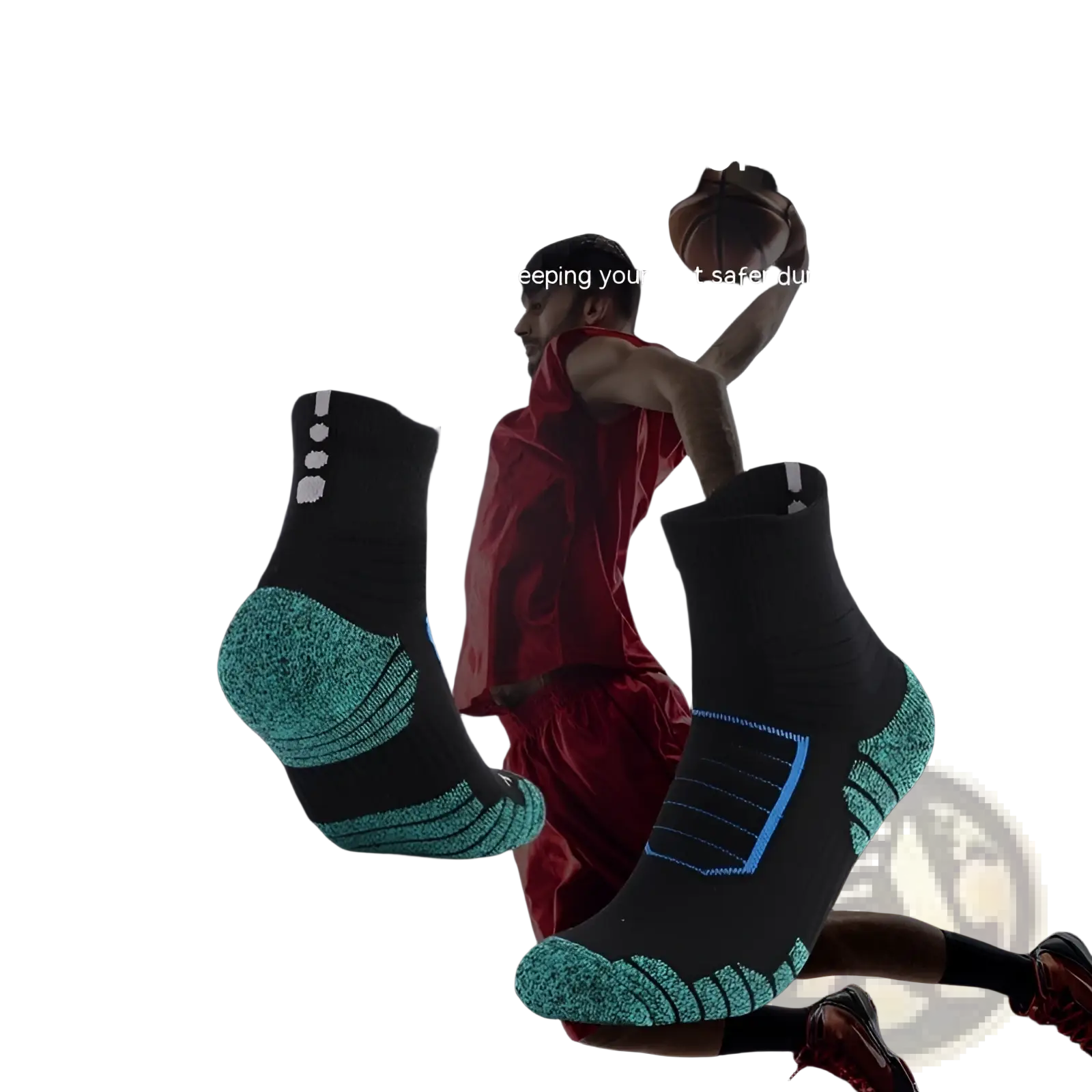 Athletic knee high sports socks in black with teal and blue accents featuring breathable mesh panels for exercise comfort