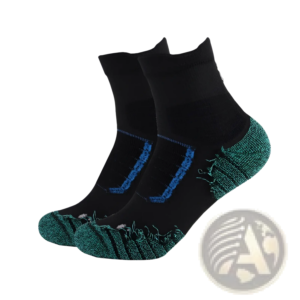 Athletic knee high sports socks in black with teal and blue accents on sole heel and toe for enhanced performance