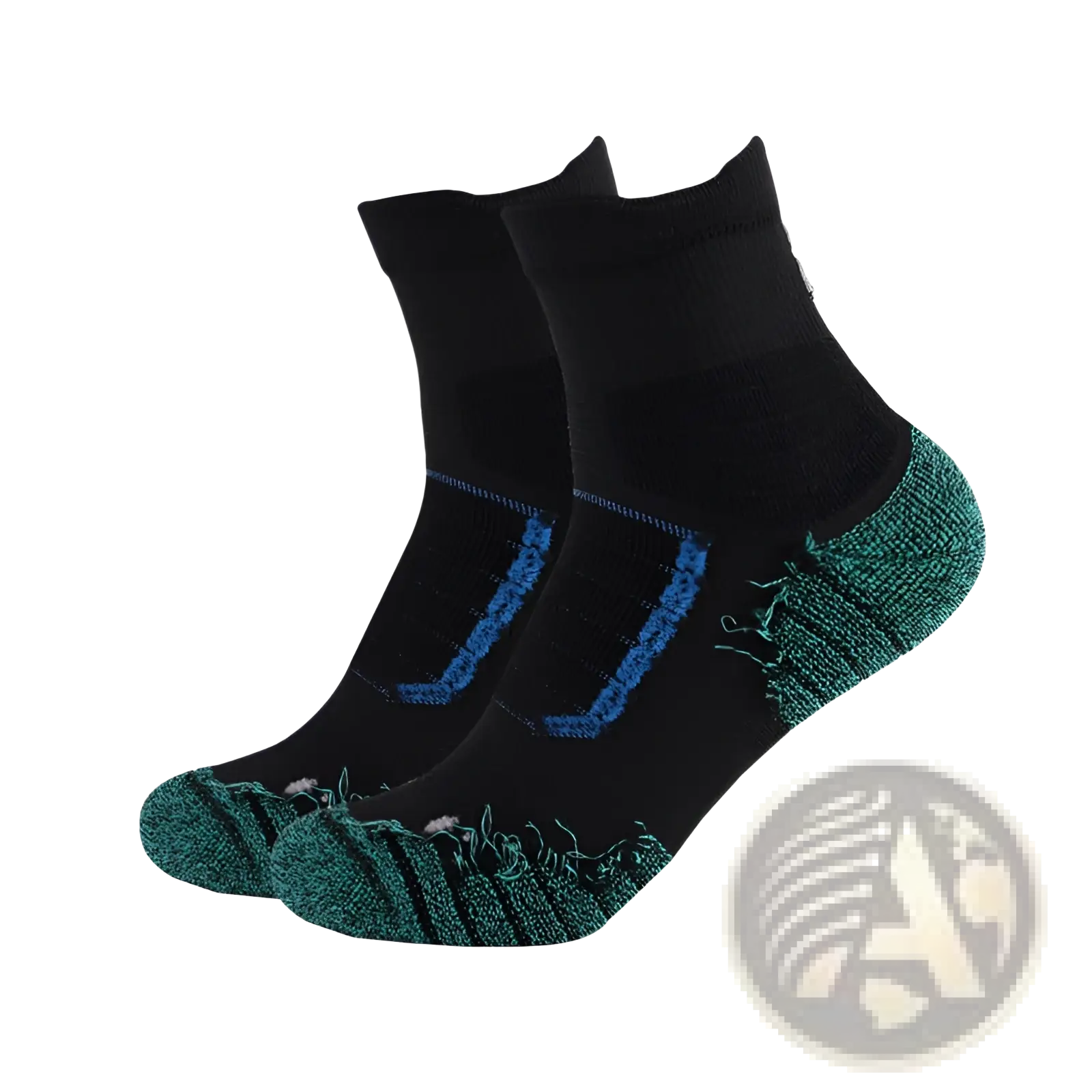 Athletic knee high sports socks in black with teal and blue accents on sole heel and toe for enhanced performance