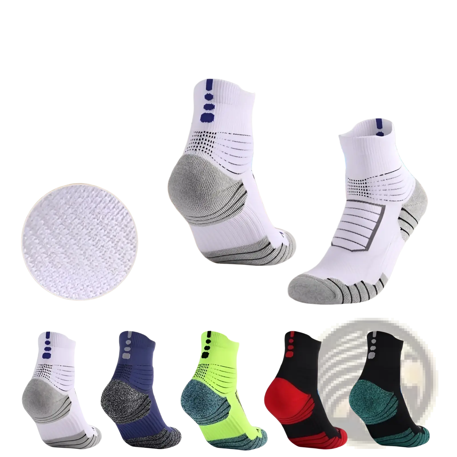 Athletic knee high sports socks in white and gray with textured knit, reinforced arch support, and toe padding for performance