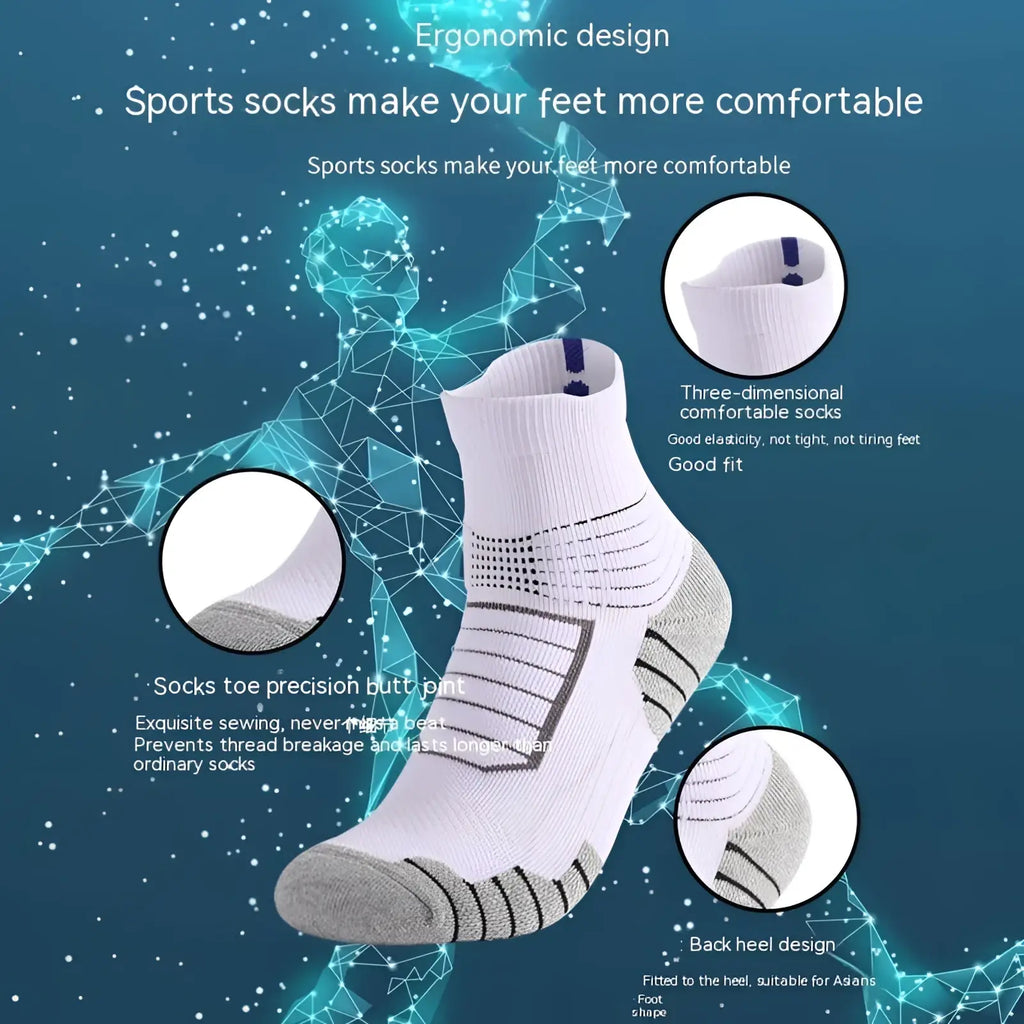Athletic knee high sports socks in white and gray with reinforced stitching mesh panels and padded heel design