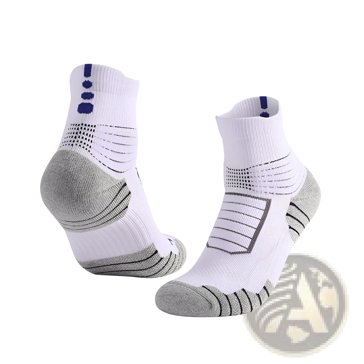 Athletic knee high sports socks in white and gray with navy blue accents featuring a textured design for support