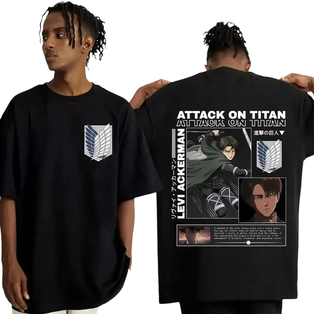 Black short-sleeved men graphic t shirt featuring attack on titan levi ackerman artwork and survey corps emblem