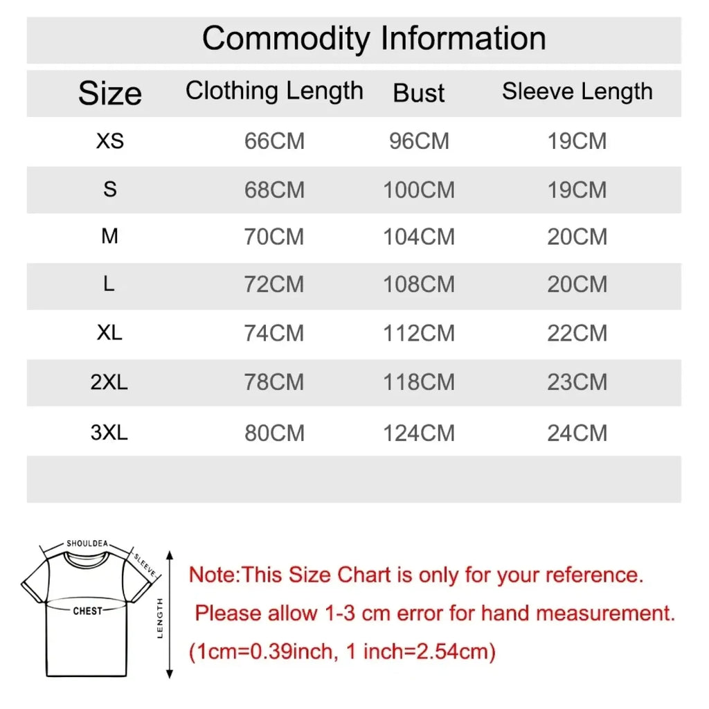 Size chart in centimeters for women’s Attack on Titan Levi Ackerman graphic t-shirt in sizes XS to 3XL
