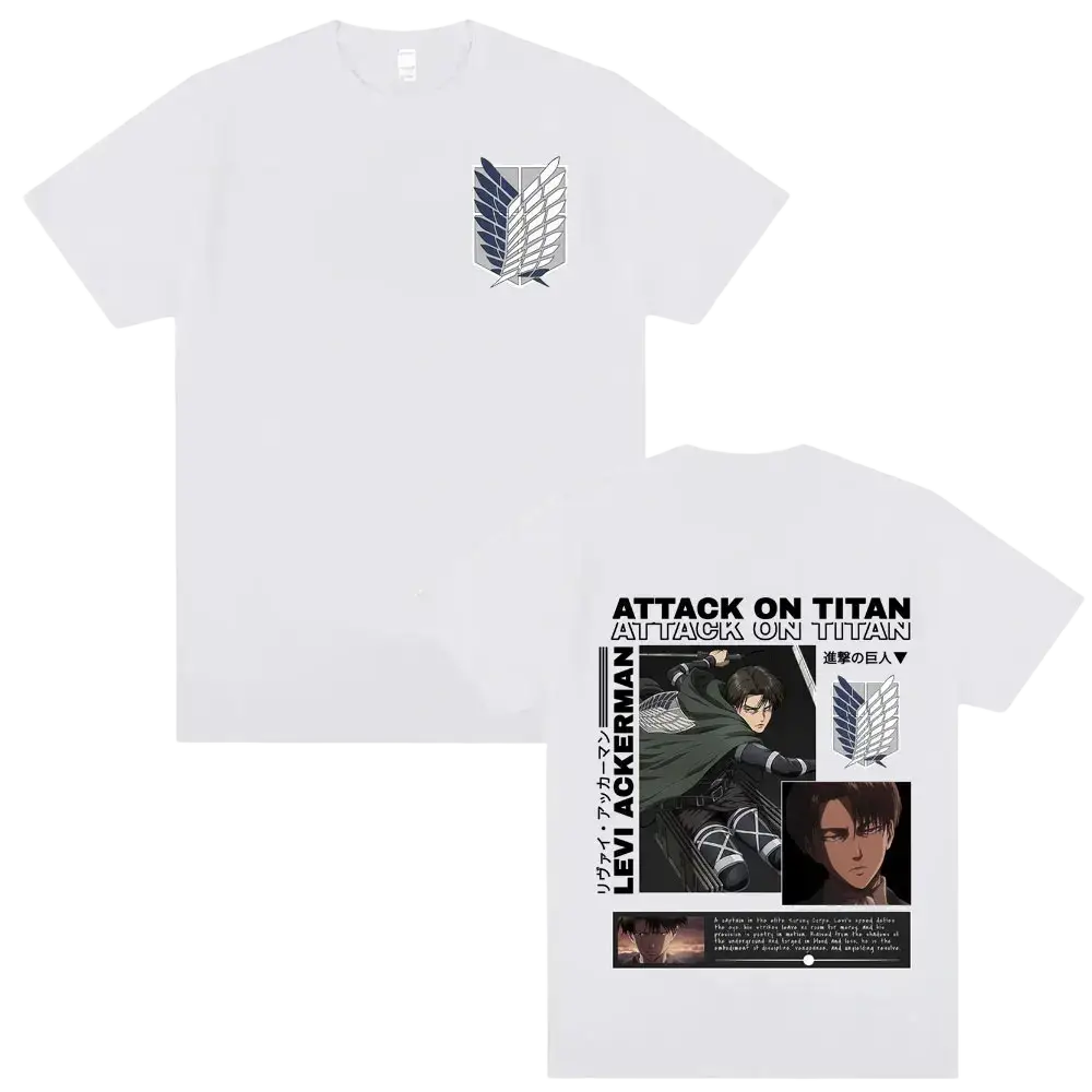 White cotton t shirt featuring a graphic print of Levi Ackerman from Attack on Titan with show title and details in black text