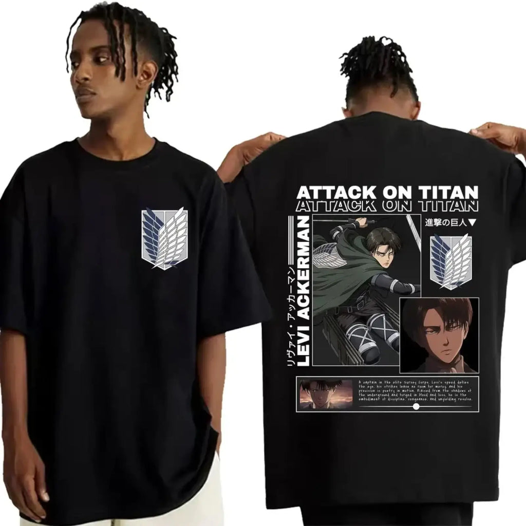 Black short-sleeved cotton t shirt featuring a graphic print of Levi Ackerman from Attack on Titan with white and gray insignia details