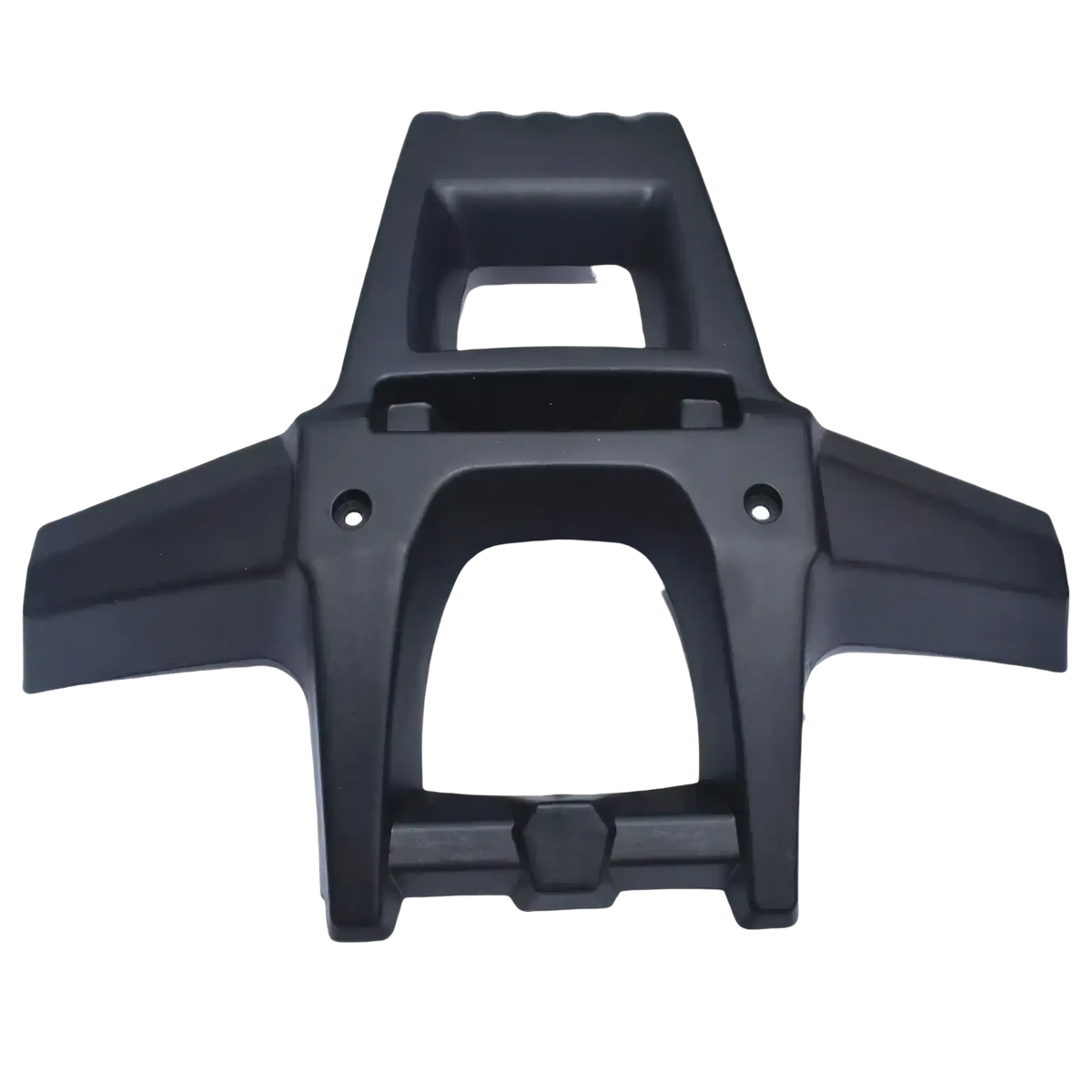 Black plastic atv front bumper guard showing rear side with integrated handlebar brackets and seat cutout