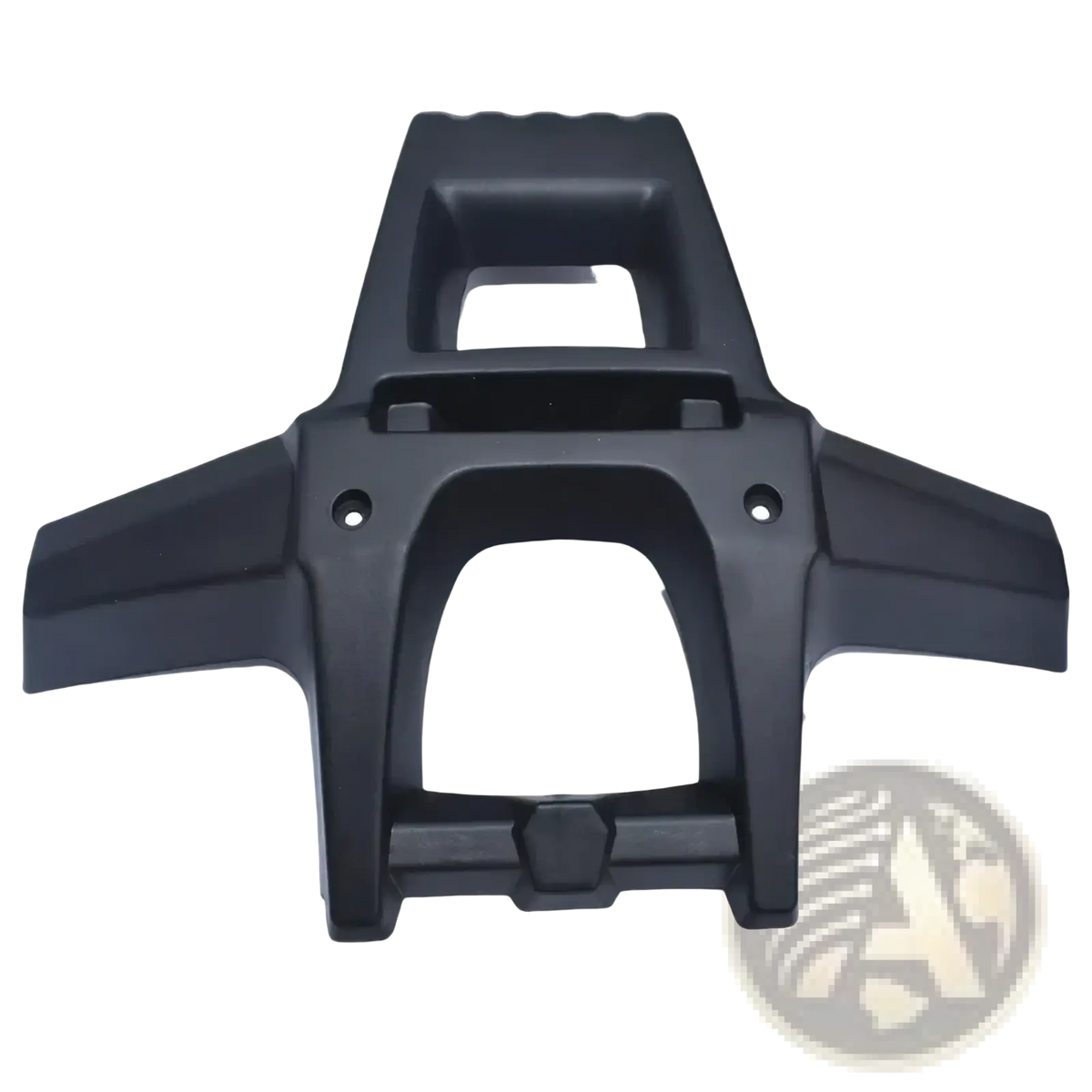 Black plastic atv front bumper guard showing rear side with integrated handlebar brackets and seat cutout