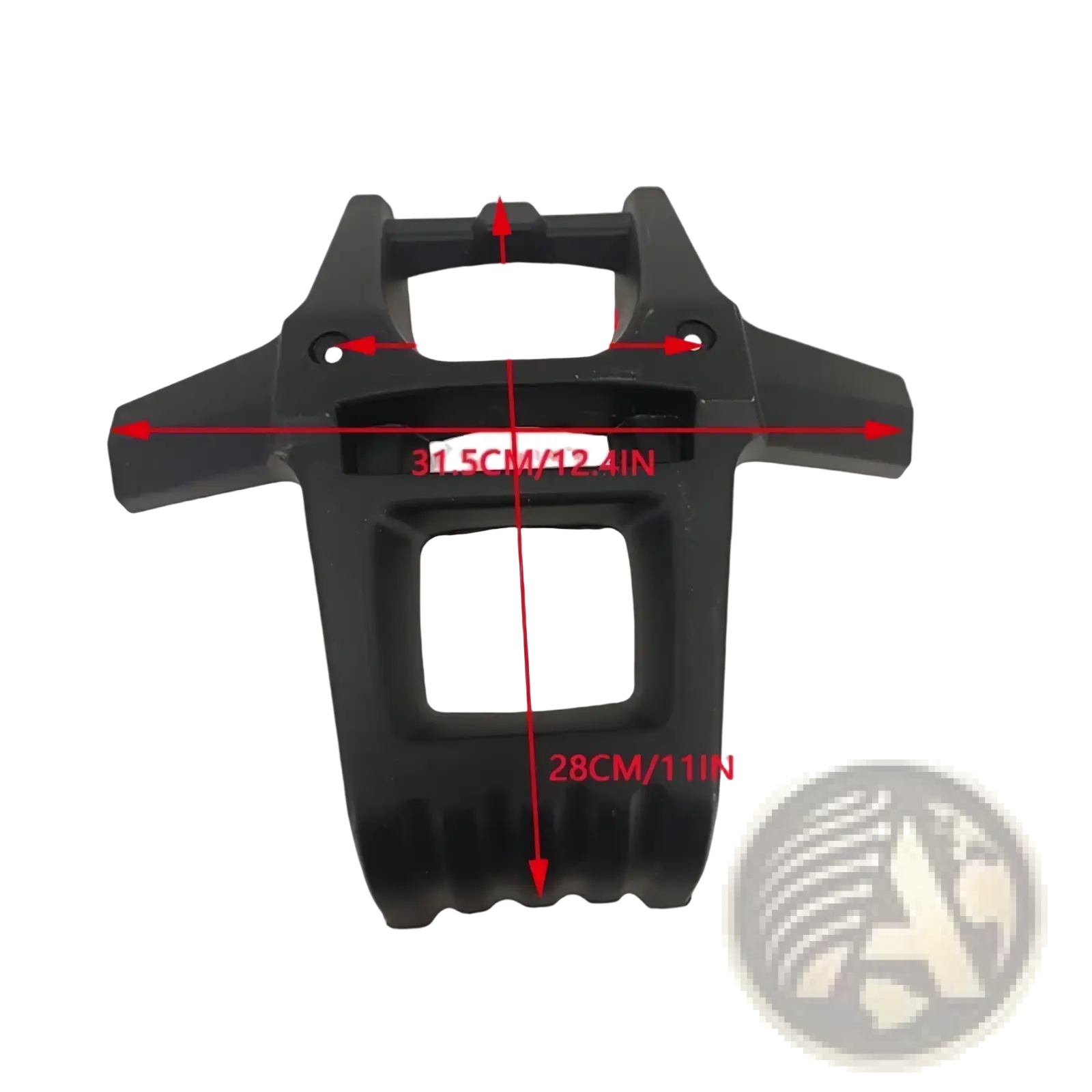 Black plastic ATV front bumper guard with integrated mounting brackets and textured grip surfaces for protection