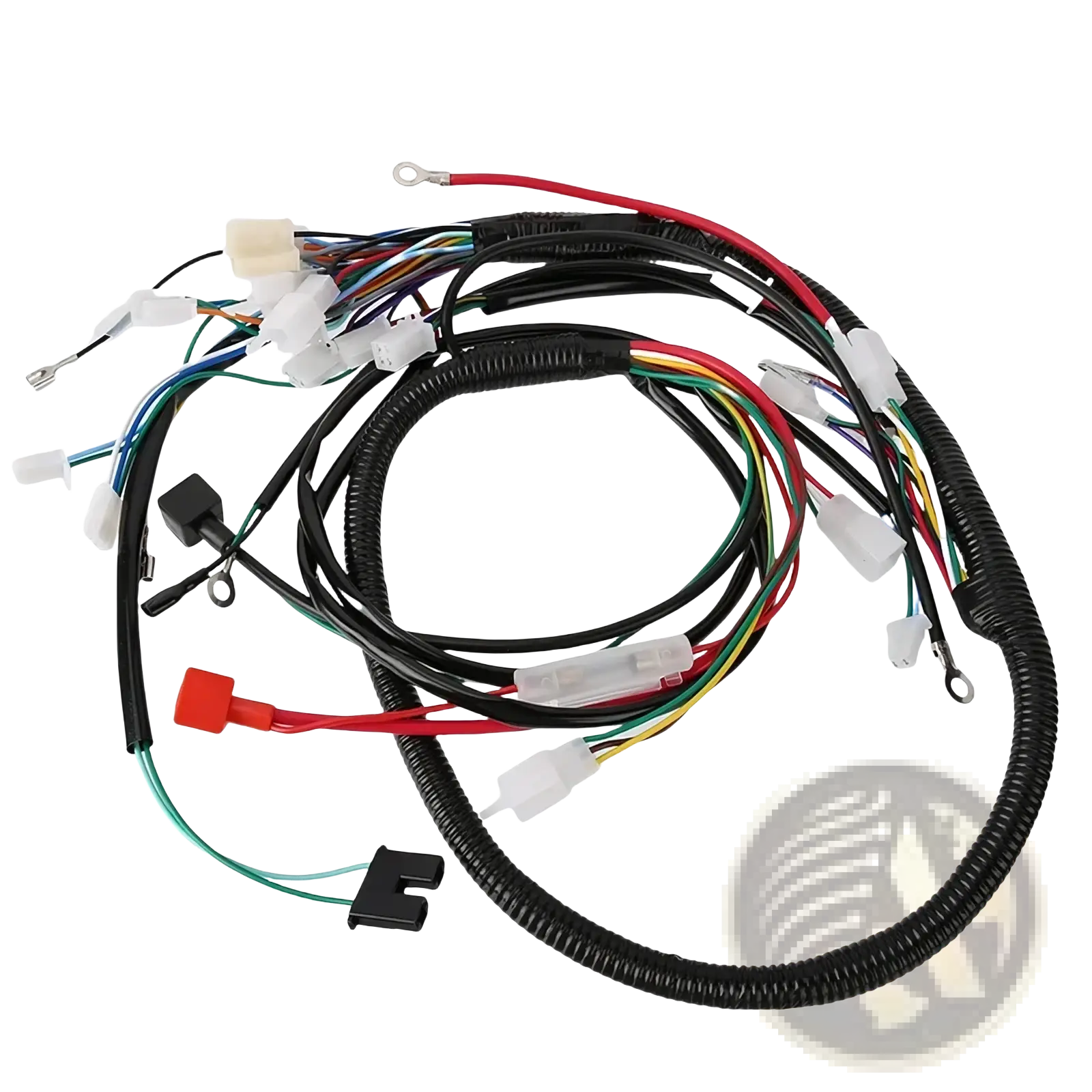 Black corrugated tubing houses multi-colored wires with plastic connectors in atv wiring harness for offroad go kart assembly