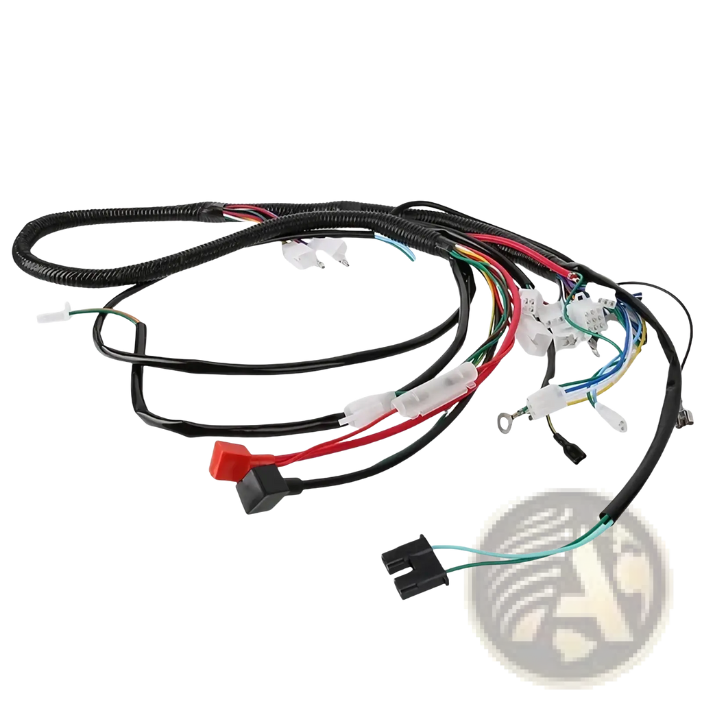 Atv wiring harness with black corrugated sleeve multiple colored wires and connectors for offroad go kart assembly