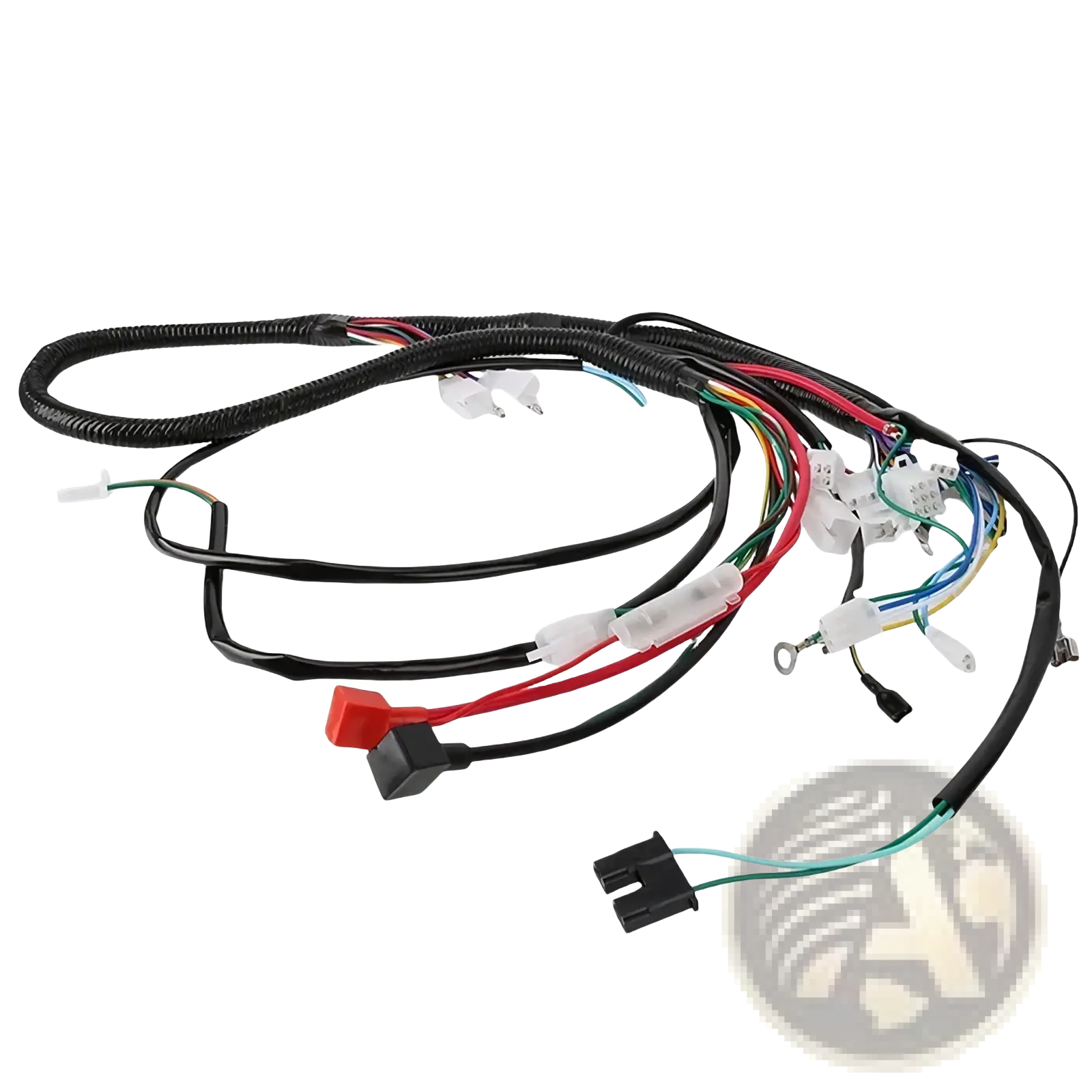 Atv wiring harness with black corrugated sleeve multiple colored wires and connectors for offroad go kart assembly