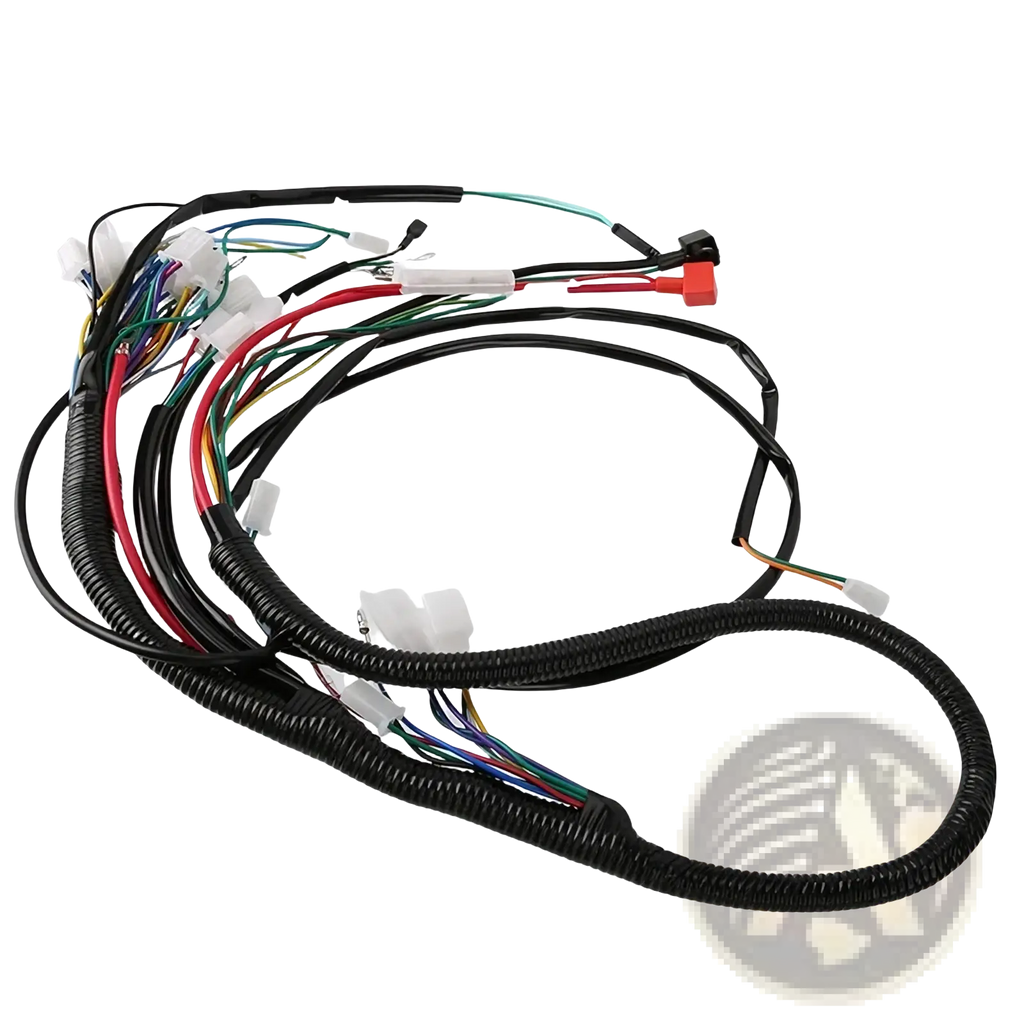 Atv wiring harness with black corrugated tubing and multi-colored wires including white and red connectors for offroad go kart assembly