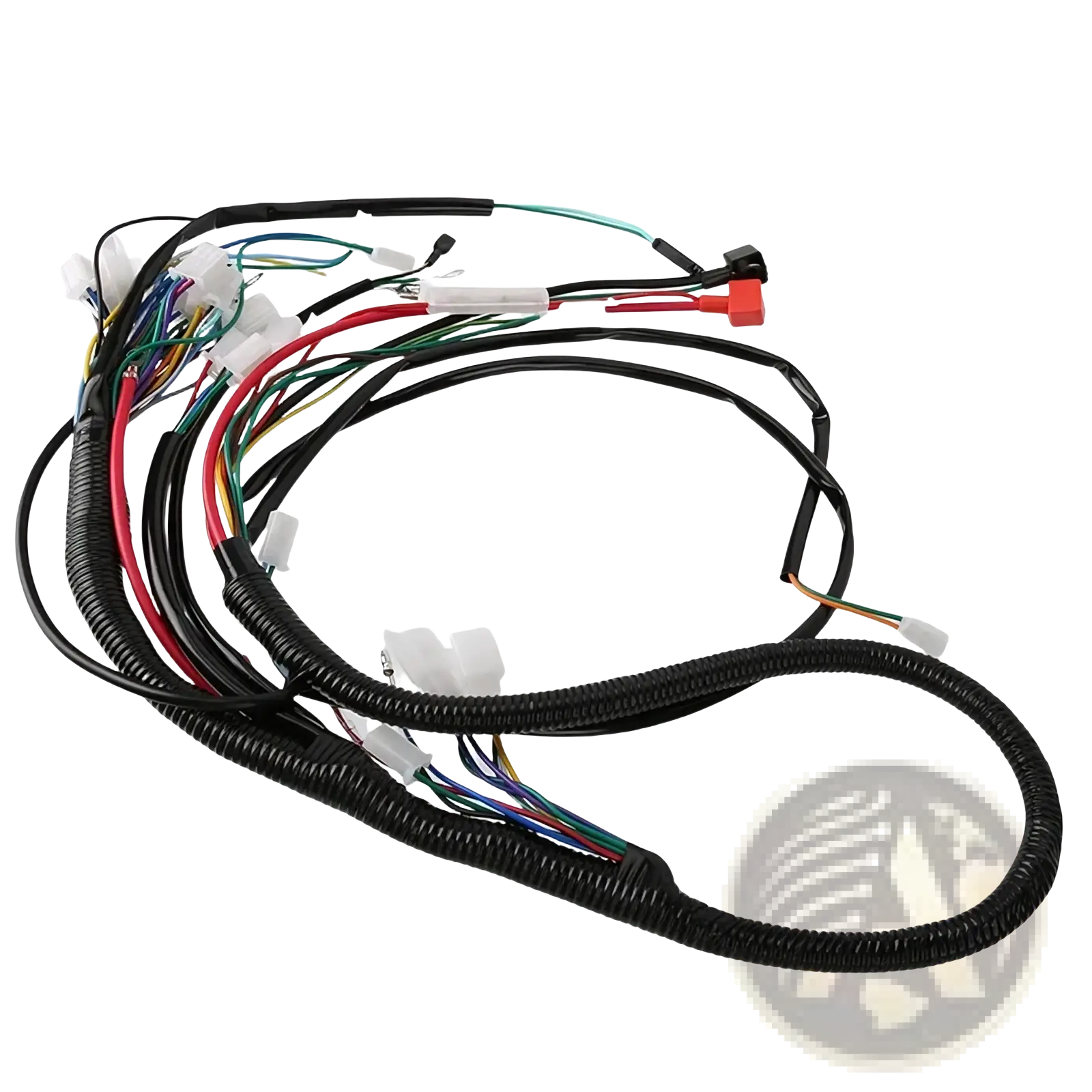 Atv wiring harness with black corrugated tubing and multi-colored wires including white and red connectors for offroad go kart assembly