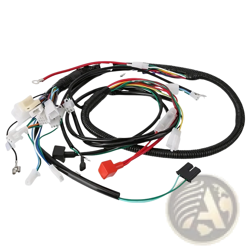 Black corrugated atv wiring harness with multiple colored wires and connectors for offroad go kart assembly