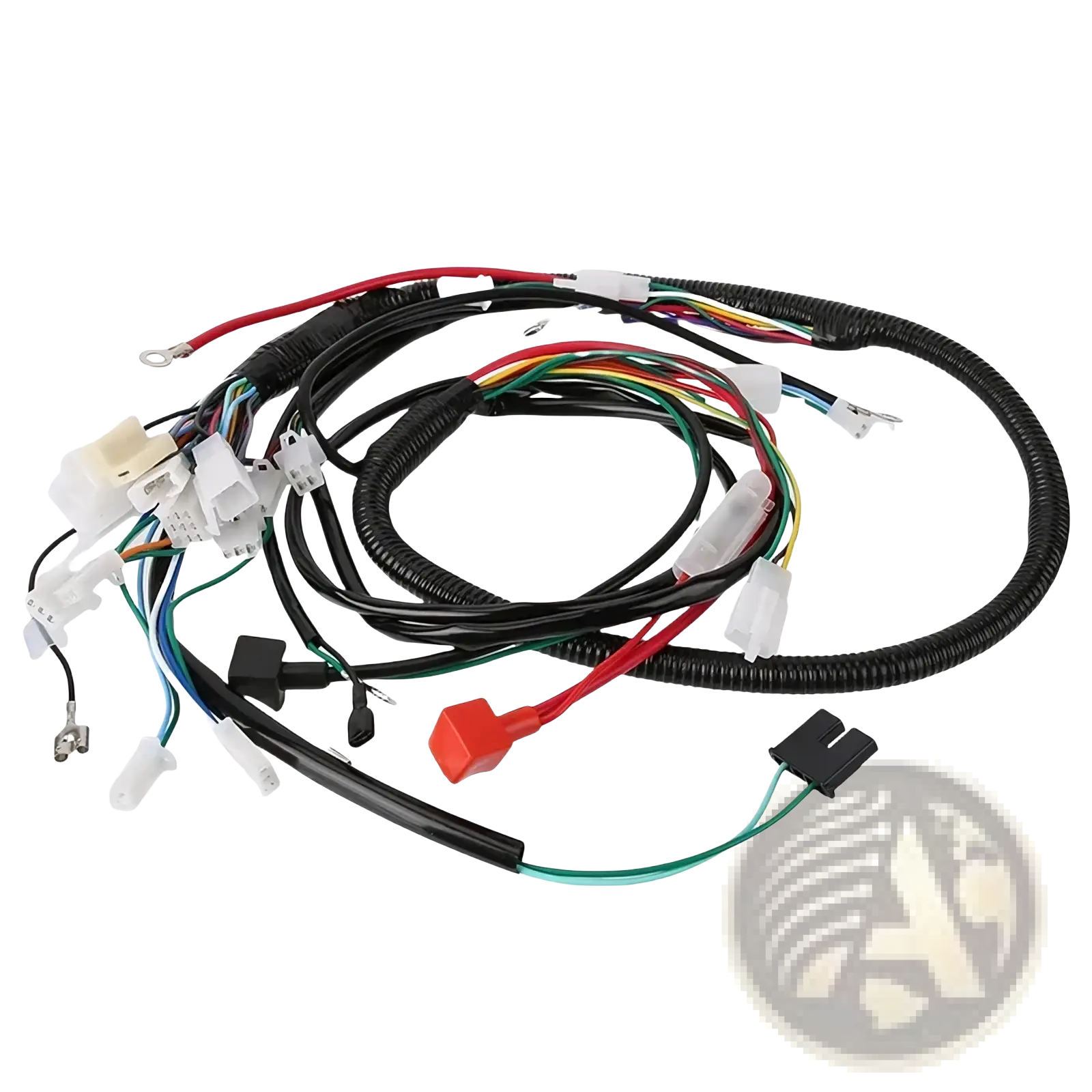 Black corrugated atv wiring harness with multiple colored wires and connectors for offroad go kart assembly