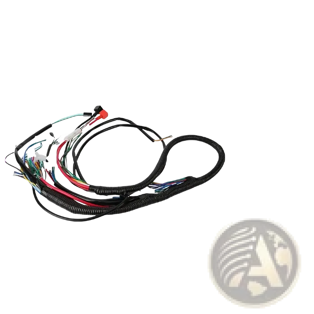 Atv wiring harness with black coiled wiring and multicolored connectors for gy6 big bull bus offroad go kart assembly