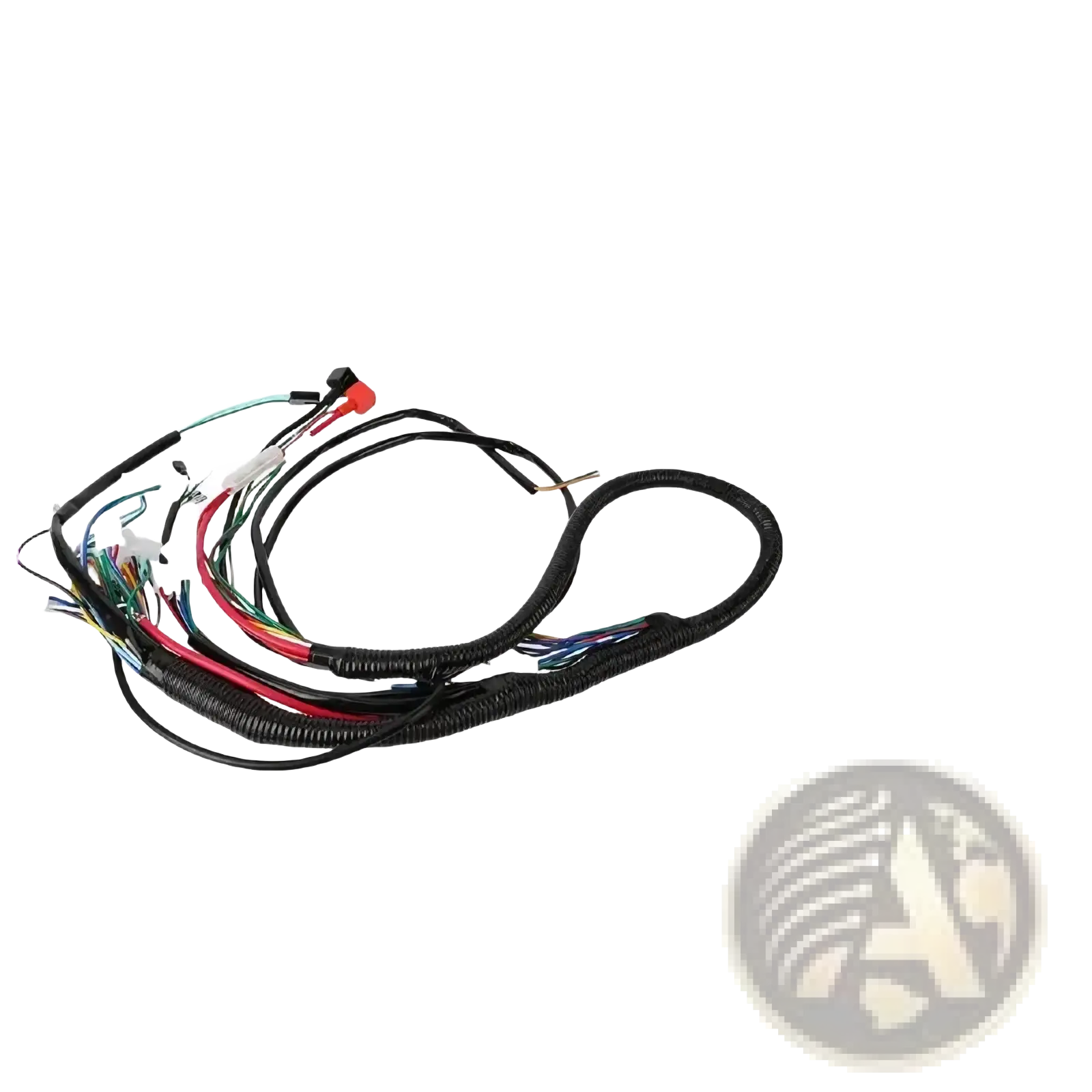 Atv wiring harness with black coiled wiring and multicolored connectors for gy6 big bull bus offroad go kart assembly