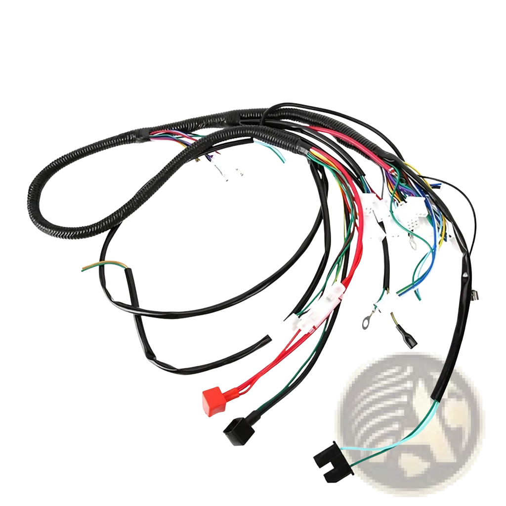 Atv wiring harness made of black corrugated material with multiple colored wires and connectors for offroad go kart assembly