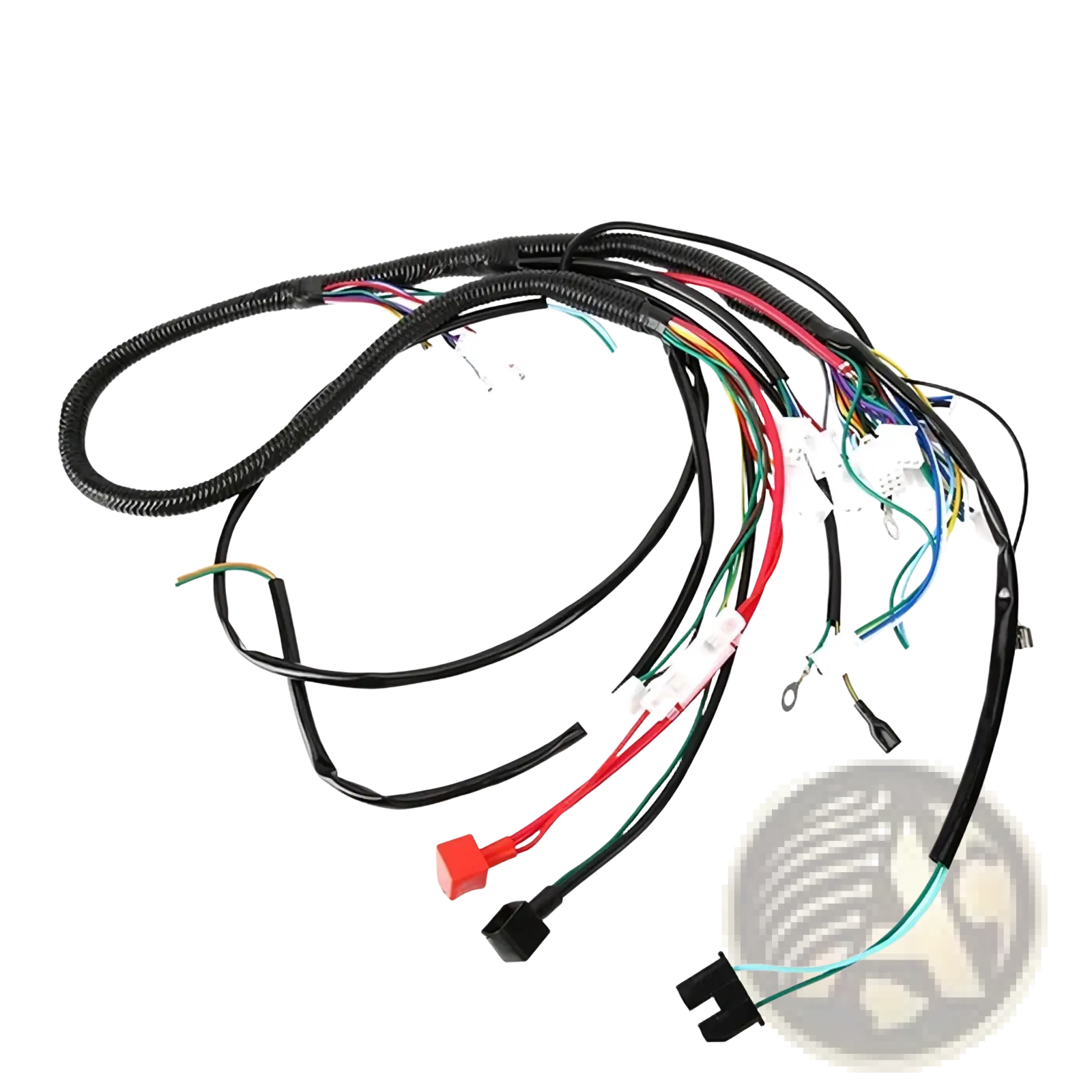 Atv wiring harness made of black corrugated material with multiple colored wires and connectors for offroad go kart assembly