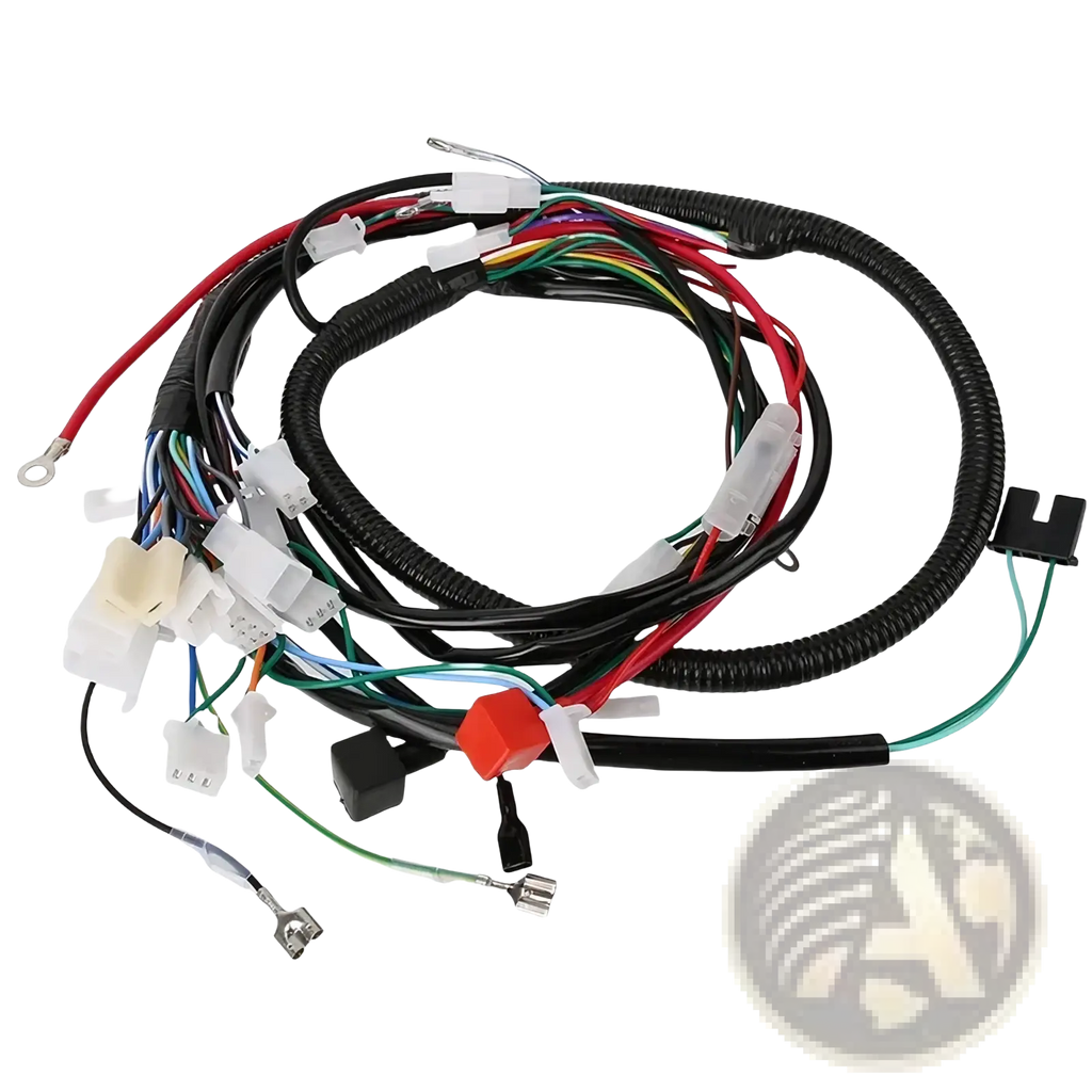Coiled black atv wiring harness with multiple colored wires and connectors for offroad go kart assembly
