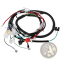Coiled black atv wiring harness with multiple colored wires and connectors for offroad go kart assembly