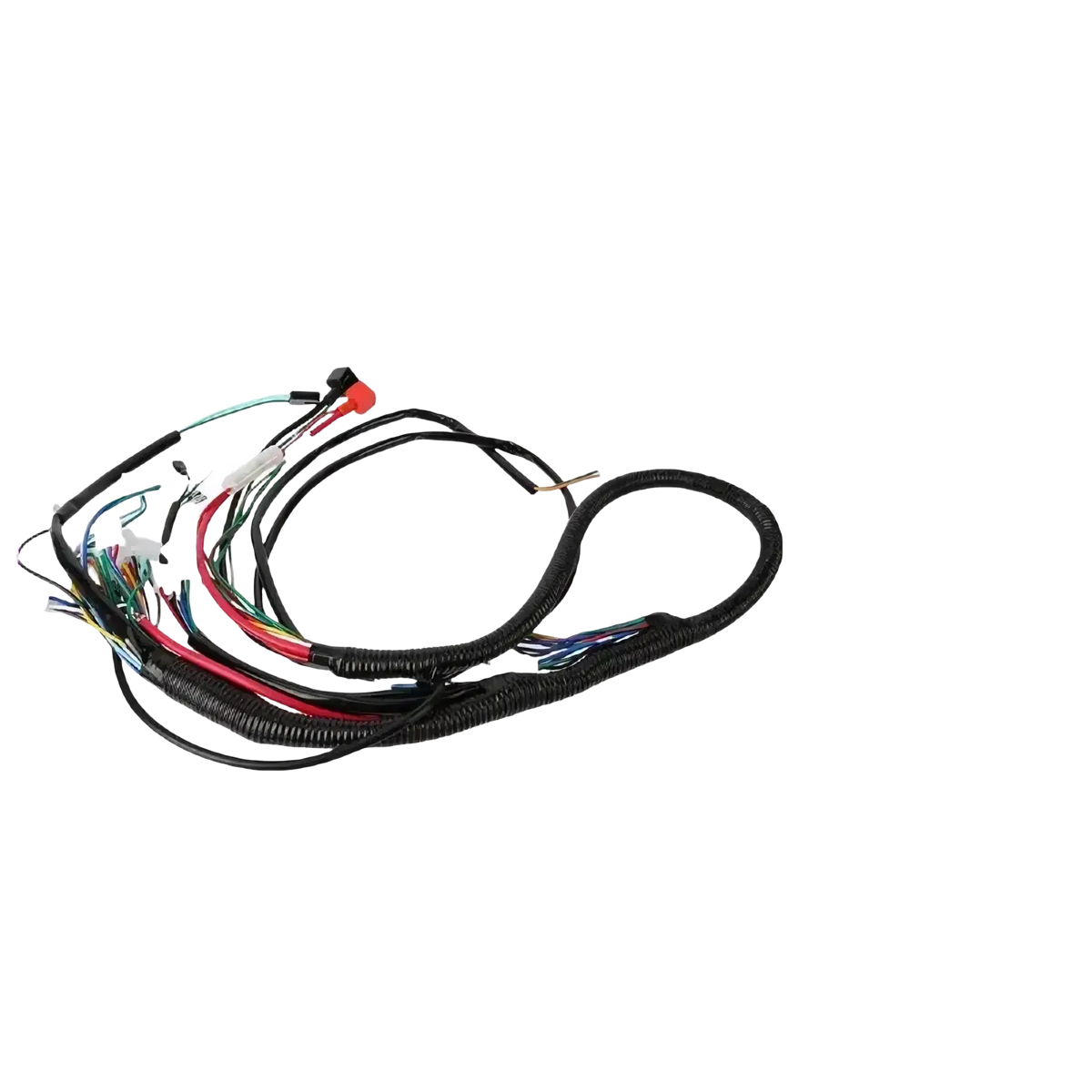 Atv wiring harness with black coiled wiring and multicolored connectors for gy6 big bull bus offroad go kart assembly