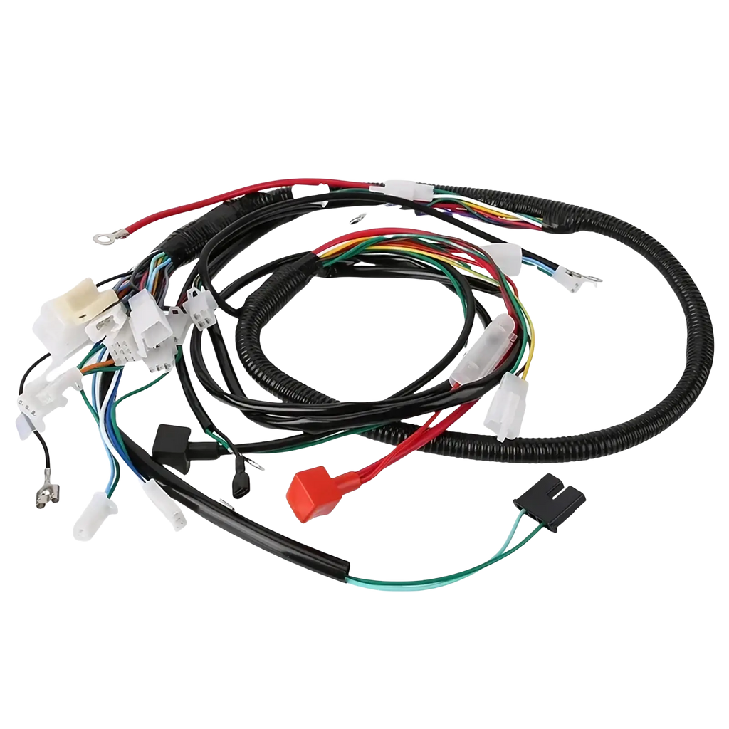 Black corrugated atv wiring harness with multiple colored wires and connectors for offroad go kart assembly