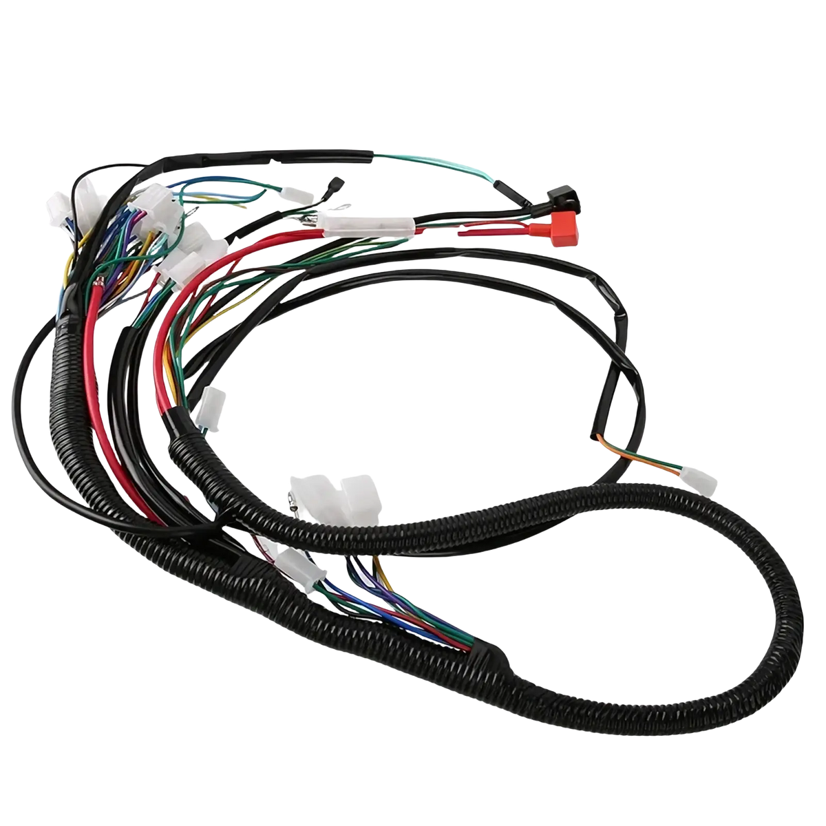 Atv wiring harness with black corrugated tubing and multi-colored wires including white and red connectors for offroad go kart assembly